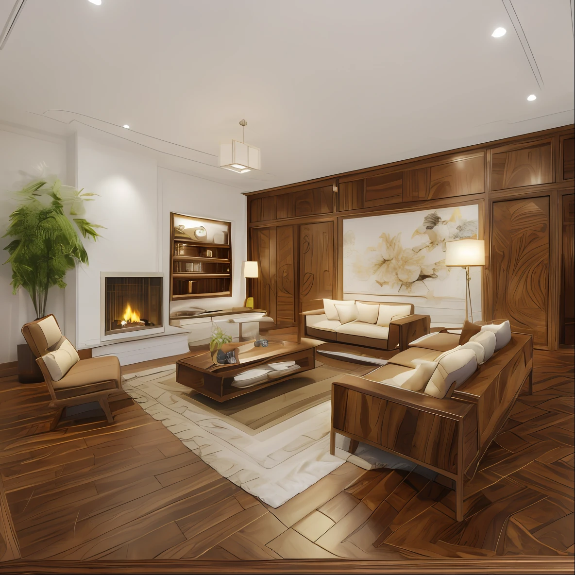 walnut wooden furniture ((masterpiece,best quality,highres,sharp forcus)) (((detail forcus))) , (Living room in style of neoclassic style) (( forcus on small detail) (8K) , clear , ((Super sharp, super clear, clear details)) (glossy walnut wooden furniture), white moulding wall in neoclassic style , warm tone , daylight ,(8k) ( super detail) , curtain and window, fur carpet, wooden floor ,white plaster ceiling ,fire place ,