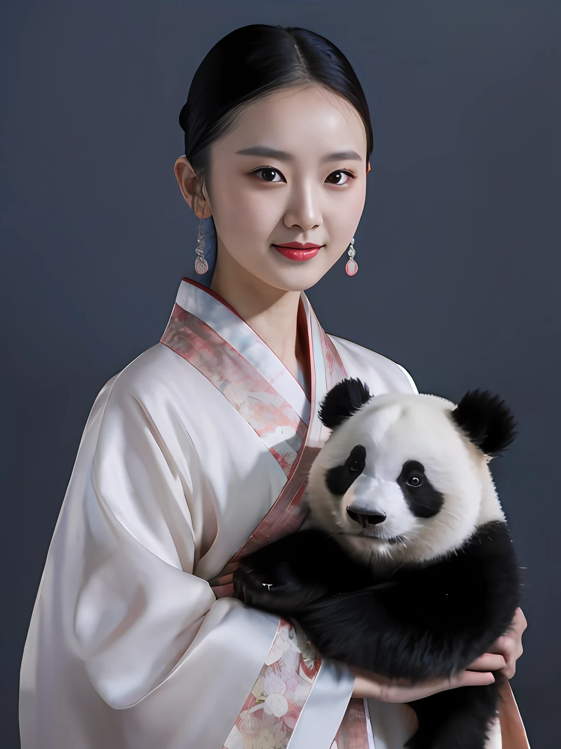 Araki woman in kimono holding a panda bear, Palace ， A girl in Hanfu, with acient chinese clothes, White Hanfu, Hanfu, inspired by Luo Mu, yin zhen chu, Wearing ancient Chinese clothes, Zhang Pengzhen, in style of pan ren wei, Chinese girl, Yun Ling, Cute panda, xintong chen