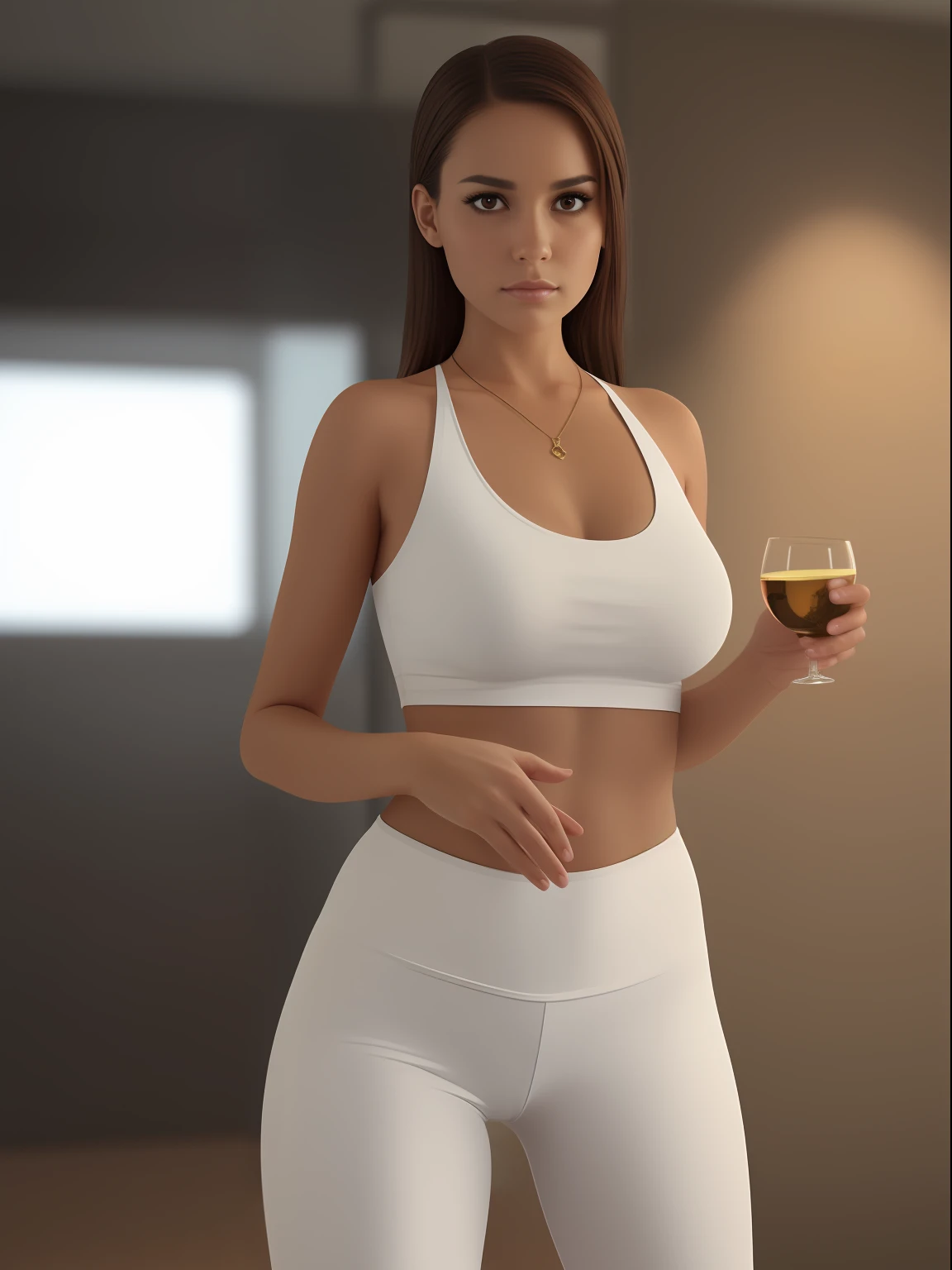 She looks a bit like Jessica Alba, Beautiful Brazilian girl, brown hair in a ponytail, 18 years old, beautiful thin figure symmetrical eyes, (beautifully detailed face, beautiful detailed eyes), dramatic lighting, (photo realism:1. 4), realistic, sharp focus, HD, highly complex, intricate, photography, hyperrealism, hyperrealistic, raytracing, physics-based rendering, ((8k, RAW photo, masterpiece), High detail RAW color photo, (highest quality), (best shadow), (best illustration), ultra high resolution, highly detailed CG unified 8K wallpapers), rim lighting, vivid color, post-processing, vibrant, color grading, She is tasting white wine in a wine bar, wearing tight leggings and a sports bra, showing her ass, holding a glass of white wine