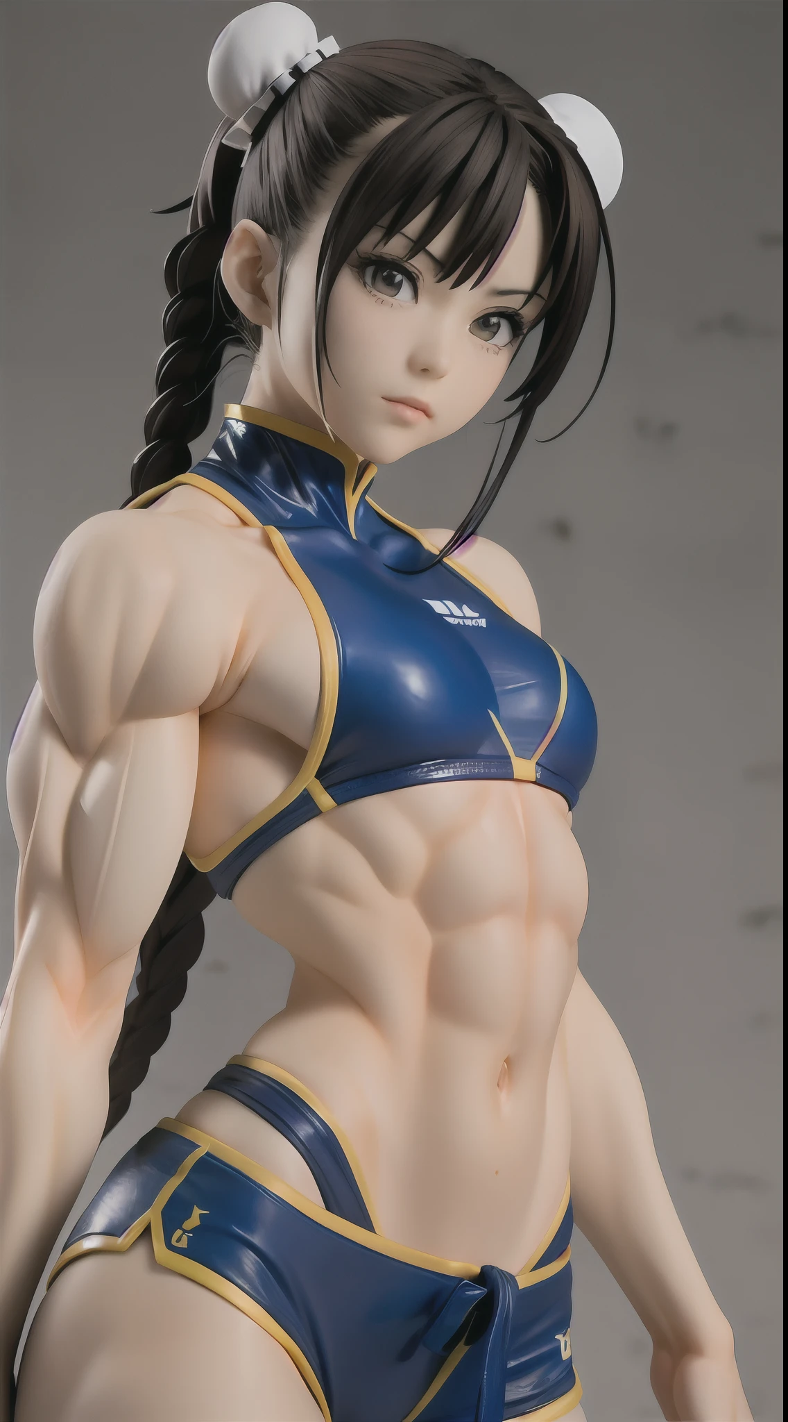 (Street Fighter Chunli),(Chun Li's classic look),(Two white buns 1.2)Defeated Chun-Li,(Broken top 1.5),Half of the chest is exposed,Small tip,Muscular woman posing for a photo, Crop top and(Abs), (Small chest 1.2),(Sexy clothing 1.2),Fitness woman, Perfect muscle structure, athletic body build, Sexy muscles, Body movement,Attractive body,(Rugged 135 lens,Lower photographic angle,Studio lighting
