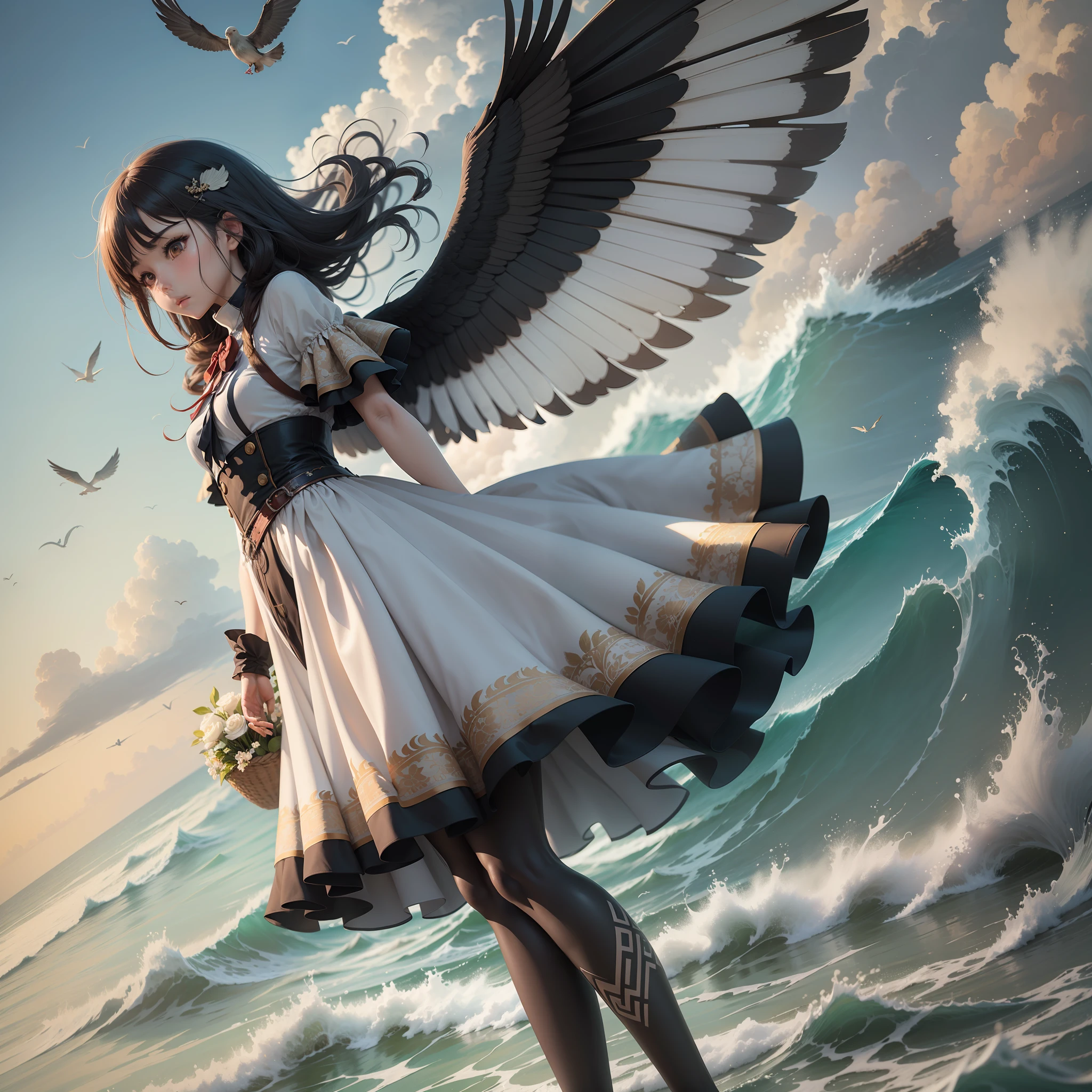 Best quality, masterpiece, very detailed, detailed background anime girl standing in the ocean, birds flying around, anime girl walking on water, anime beautiful peace scene