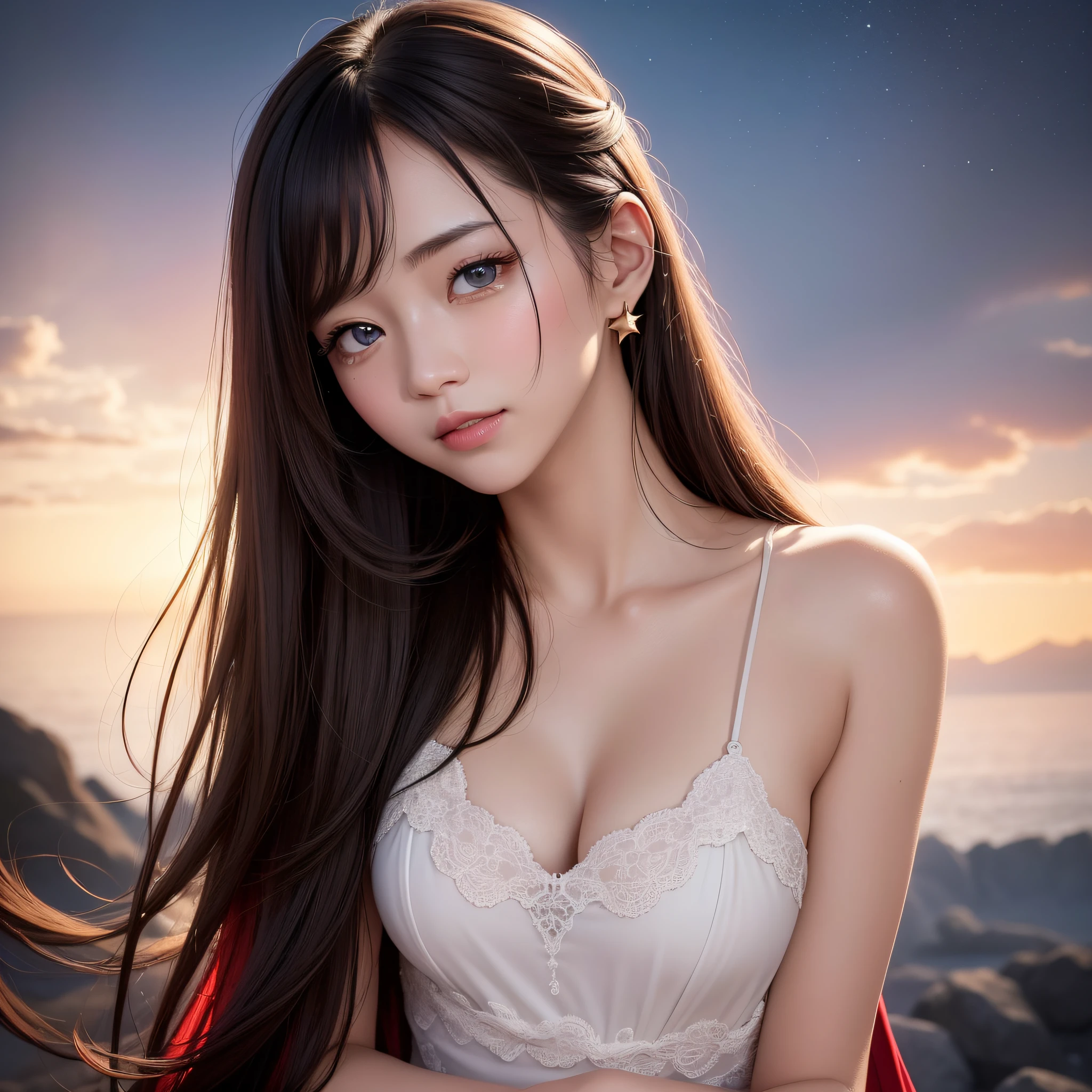 (Best Quality:1.5), (Hyper-realistic:1.2), (High resolution:1.5),Close-up RAW photos, Detailed textures, ultra-detailliert、Very close to the viewer、Close-up of one person's face、dark red and bright red,, dark burgundy and bright crimson color,,、facial close-up、Ukrainian、A smile、Heavenly daughter、eyes close up、(lipgloss、Eye lashes、Shiny face、shinny skin、best qualtiy、超A high resolution、depth of fields、chromatic abberation、Caustics、Wide range of lighting、Natural Shading)、This eye is、Be part of a beautiful smile。It's like the universe expands、The universe is delicately depicted。They are quite feminine eyes.、Everyone will be drawn in by its charm。My eyes are moist、Shine like tears。The glow is like a star々It seems to be flying in space.、Mysterious and enchanting。Her beautiful eyes are、Capture the hearts of the beholders、I was impressed。The expression of this eye is calm and、、、、、Oozing joy or affection。That smile is heartwarming.、It will bring happiness to the viewer.。The eyes of this pretty woman are、It is like a gemstone with the mystical glow of the universe.、It brings viewers a feast of deep emotions and beauty.。Its shining eyes are、It imprints an eternal impression on the viewer's mind.。This headshot is very high quality、、Due to very high resolution、Vivid depiction of every detail。Elaborate CG（conputer graphics）By the technology of、It is a realistic expression.、You can feel the realism as if it were real...。In particular, the background is beautiful and it can be said that it is a masterpiece、Delicately drawn to the smallest detail。Intricate details in the background、Representation of light and shadow、How to use colors、The depiction of the environment is in perfect harmony。Therefore、The whole picture has the perfection of one beautiful picture。Headshots are more than just projection objects.、Background and surrounding environment are also important factors.、What's in this headshot, The background complements the subject、You can see that its beauty stands out even more.。 This headshot is、It is a masterpiece created by creators with excellent CG technology and artistic talent.、Viewers々It will give you a deep impression and surprise。