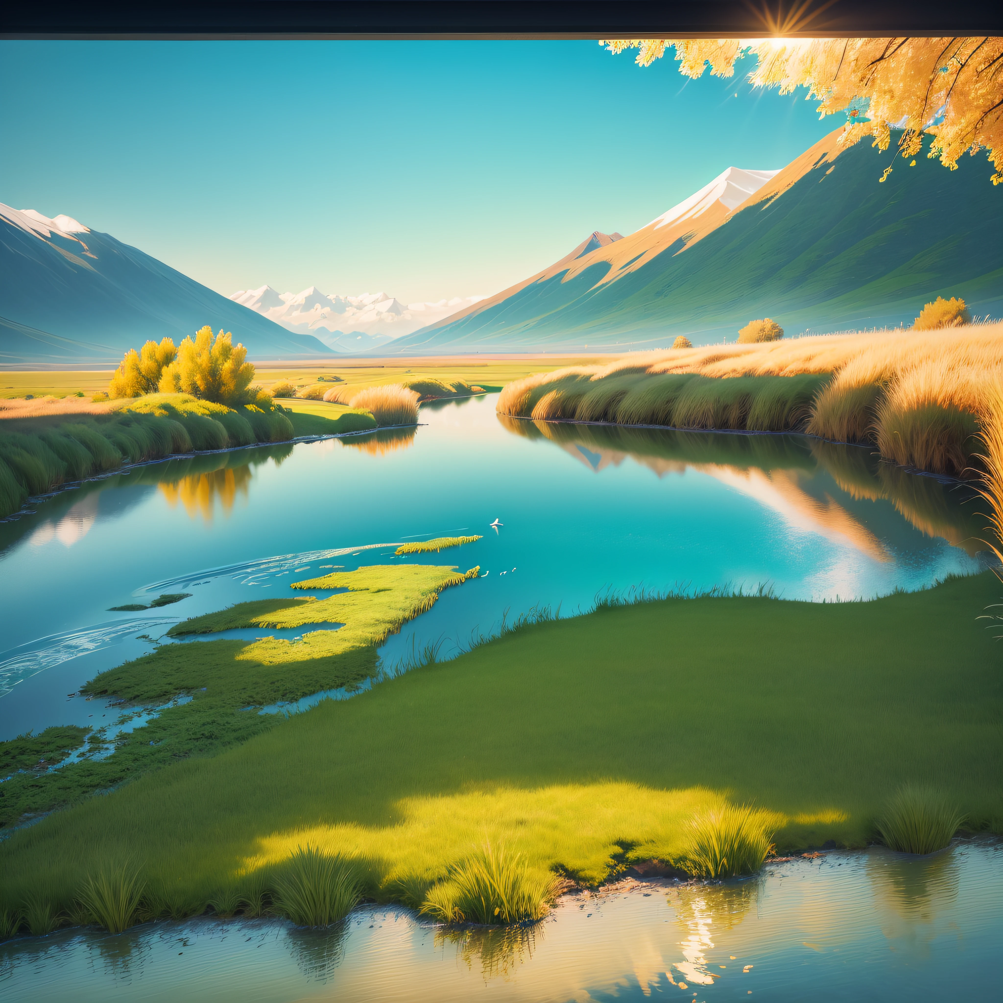 (digitial painting),(best qualtiy),8K hyper-realism,Pastel color scheme,gentle illumination, peacefulatmosphere, Green tone,Ten yellow-beaked white geese,there are large and small,Splash in the swim,Horizontal panel screen,In the steppe,There is water and grass,The steppe is ahead,Water in the back