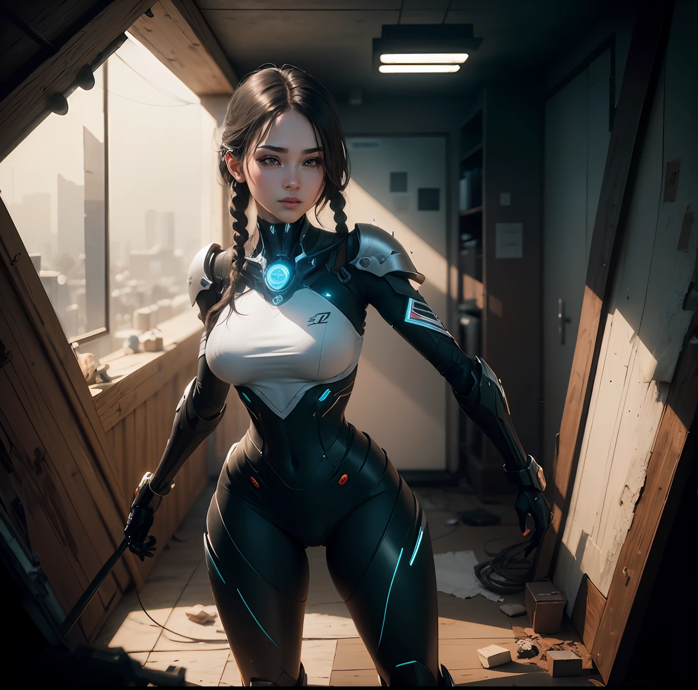 ((Best Quality)), ((Masterpiece)), (Very Detailed: 1.3), 3D, Icaru valkirie-mecha, Beautiful cyberpunk woman using crown, sci-fi technology, HDR (High Dynamic Range), ray tracing, nvidia RTX, super resolution, unreal 5, subsurface scattering, PBR texture, post-processing, anisotropic filtering, depth of field, maximum sharpness and sharpness, multi-layer texture, specular and albedo mapping, surface shading, accurate simulation of light-material interactions,  perfect proportions, octane rendering, duotone lighting, low ISO, white balance, rule of thirds, wide aperture, 8K RAW, high efficiency subpixels, subpixel convolution, light particles, light scattering, Tyndall effect, very sexy, full body, battle pose, black hair with braids, --auto