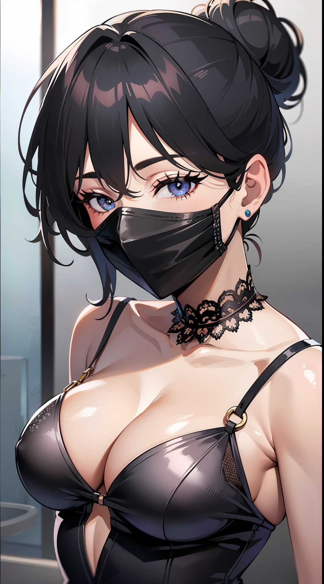 Adult woman, black hair in a bun, covered eyes, Luxurious open dress, white lipstick, ballet, Mask on the eyes, Masterpiece, hiquality