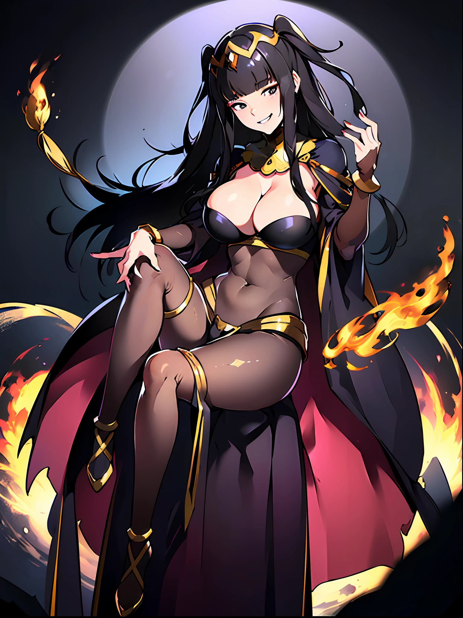 ((masterpiece:1.2)), best quality, ((extreme detail)),(ultra-detailed), anime screencap, extremely, detailed, (official art), CG, 4k, wallpaper, (((1girl))), (((solo))), blunt bangs, hime cut, tharja, tharja(fire emblem), ((black eyes)), black hair, long hair, gold loincloth, gold-lined, (bodystocking), gold hairband, gold collar, hand to own chin, looking at viewer, wide hips, (((half closed eyes))), (full body view), ((large breasts)), (((grin))), thick thighs, ((shaded_face:1.3)), ((simple background)),
