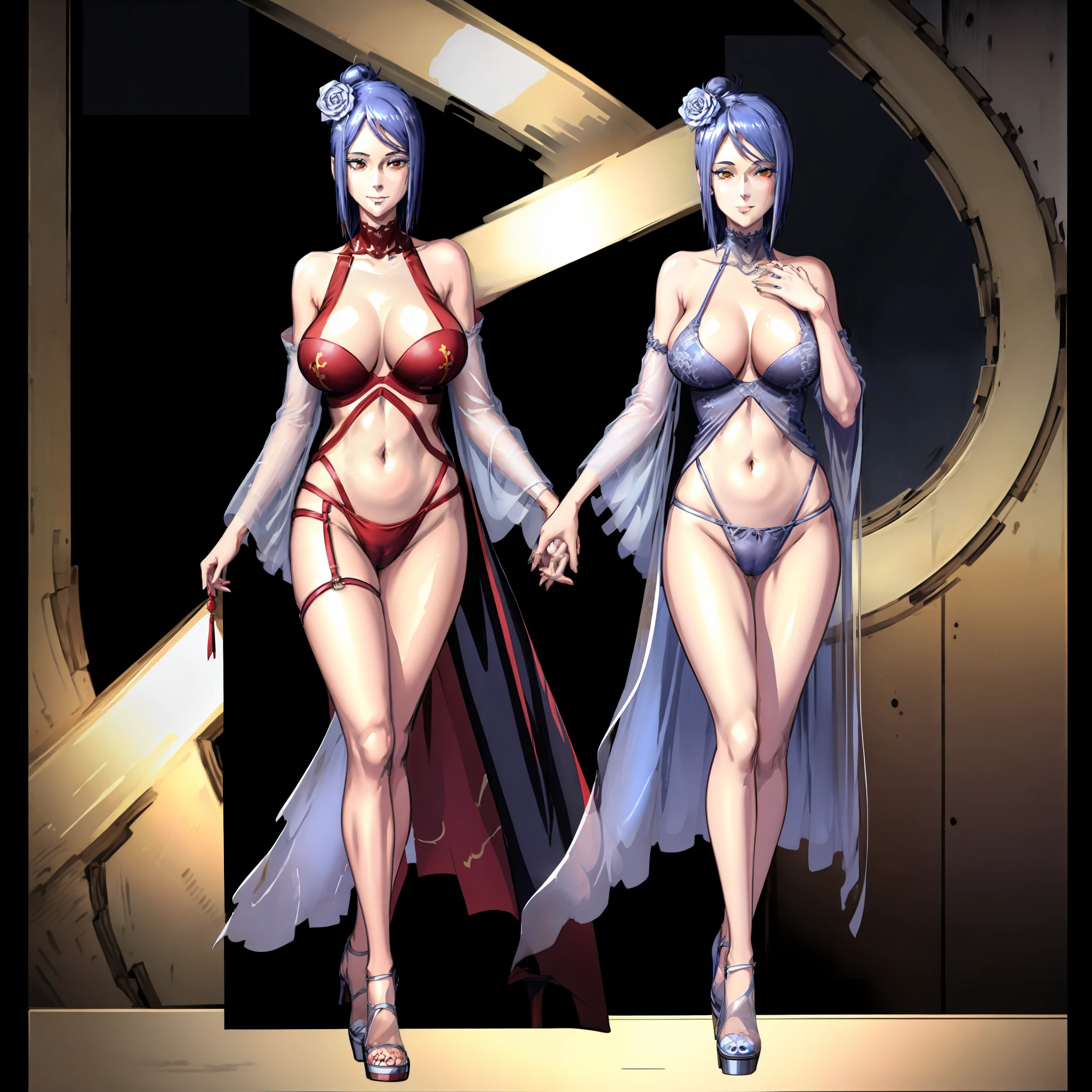 Wear lace pajamas,Visible lace transparent underwear,Standing in the doorway,One hand crosses the waist,perfect bodies,Large of breast,cleavage,The are visible,looks into camera,The atmosphere is ambiguous,high qulity,high detal,oestrus,Whole body diagram,Blue high heels,One guy,The painting style is beautiful,Smiling