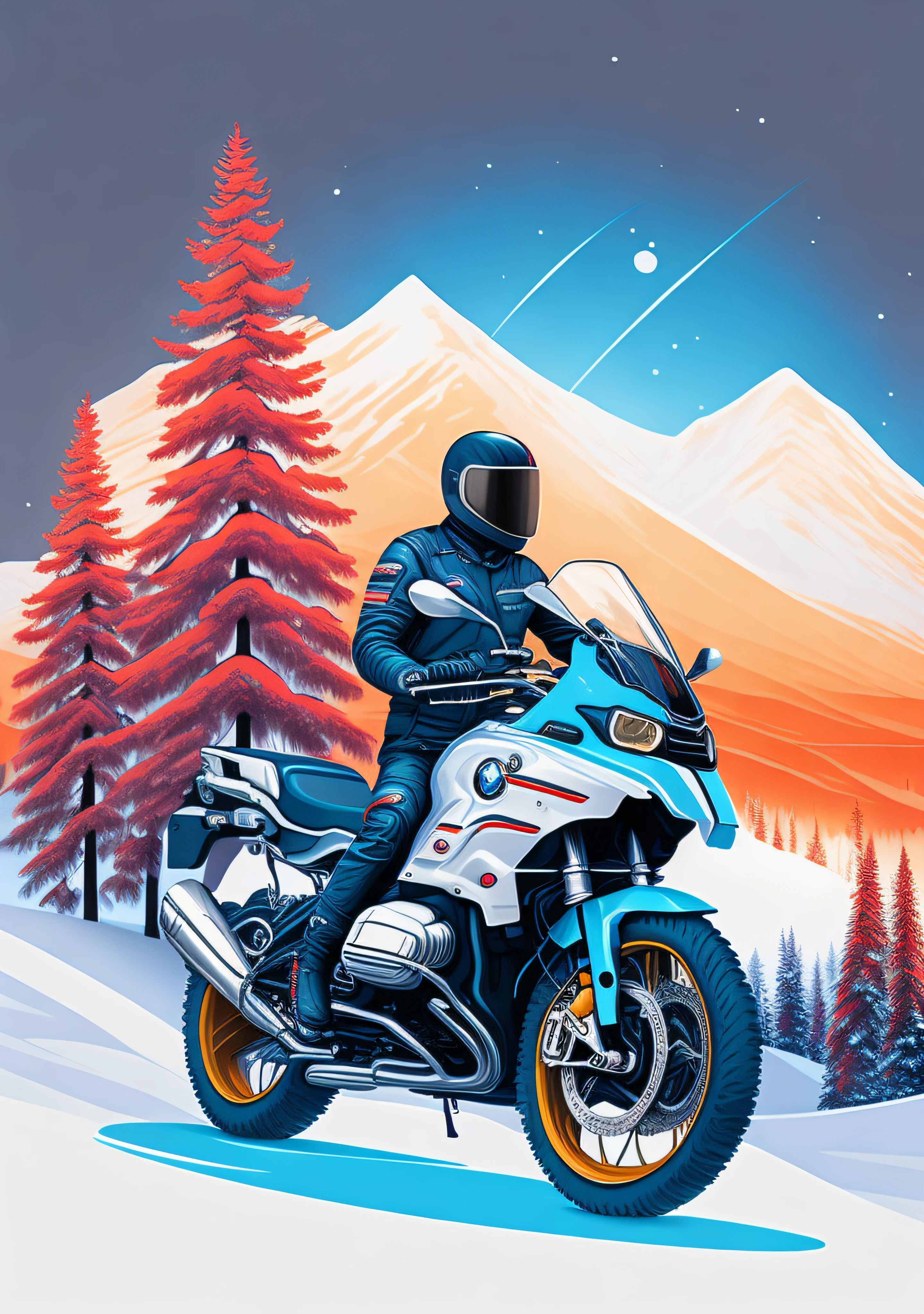 a touring BMW motorcycle between a spruice tree in a winter landscape, tshirt design, rzminjourney, vector-art, a biker stand beside motorcycle with colour motor suit,