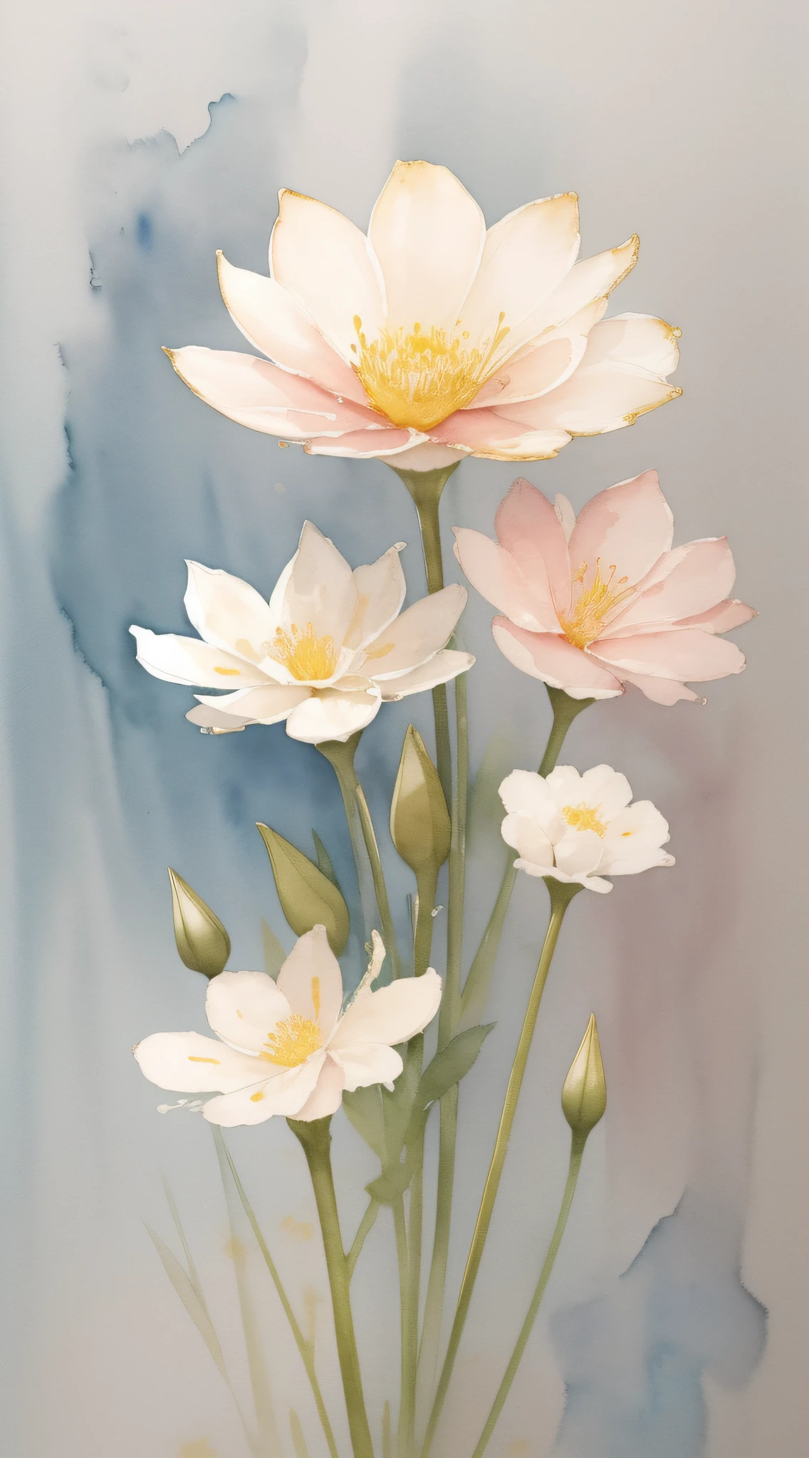 Watercolor flower painting isolated on gray gradient background、watercolor paiting、Splash technology reproduces wet conditions、Blurred atmosphere、Unique composition、Abstract representation、Contains surrealist elements、Pale tones、Pale pink and gold color scheme、high-resolution details、Ink splash effect、Light shades。