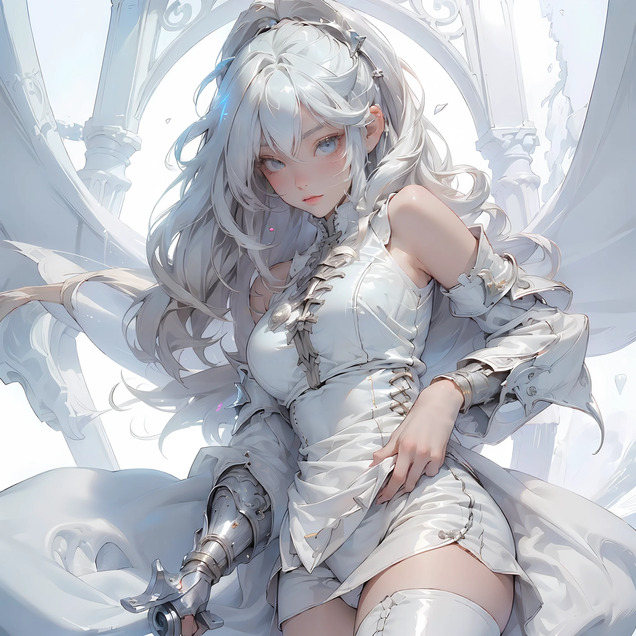 (top-quality、tmasterpiece:1.2)，teens girl，White color hair、Smooth skin、Beautiful mouth、Smooth legs、Busty body，Silver lace-up panties，Moon，Lying in the snow，onbed，Riding position，Visible on the back，Butt visible，