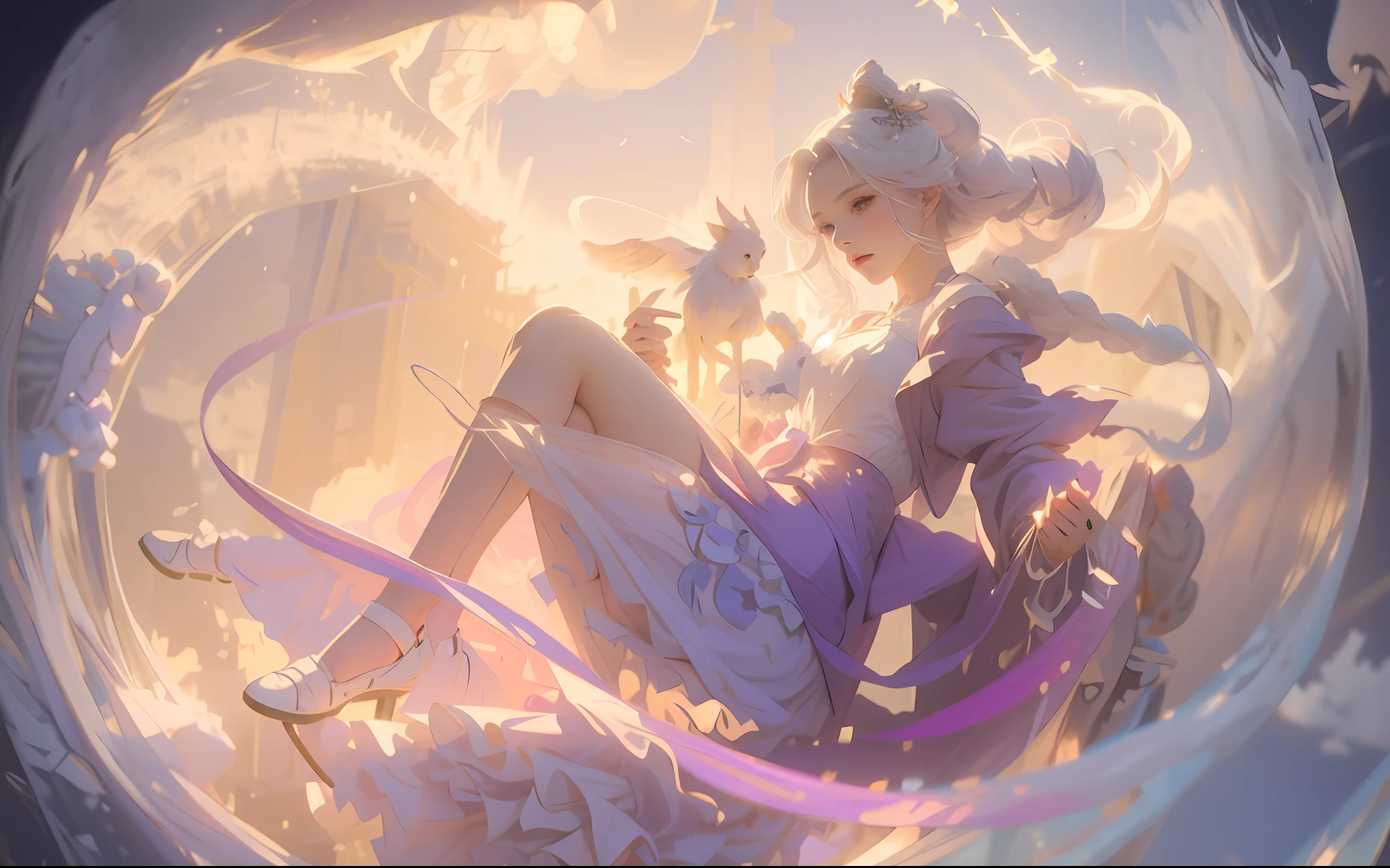 animemanga girl，Wearing a white and purple princess dress，white color hair，Hair flutters in the wind，The shoulder straps flutter in the wind，Sit on the clouds，The surrounding clouds are shrouded，There are two cute rabbits with wings in their hands, Snow-white slender legs，The background is ancient Chinese architecture，