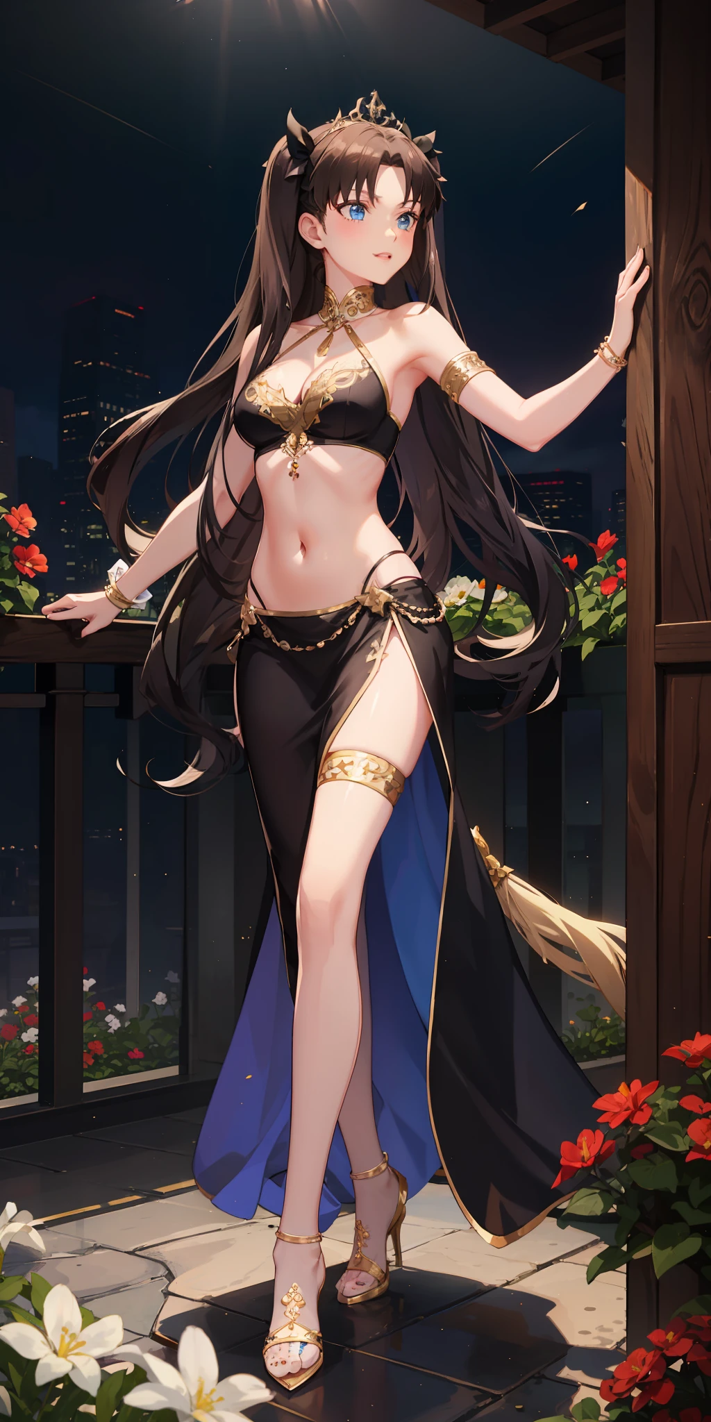 long hair, black hair, medium breast, slim legs, happy, bluish gown, cleavage, arabian belly dancer , short skirt, rin tohsaka, twin tail, navel, garden, blue eyes, tiara, standing, thigh high socks