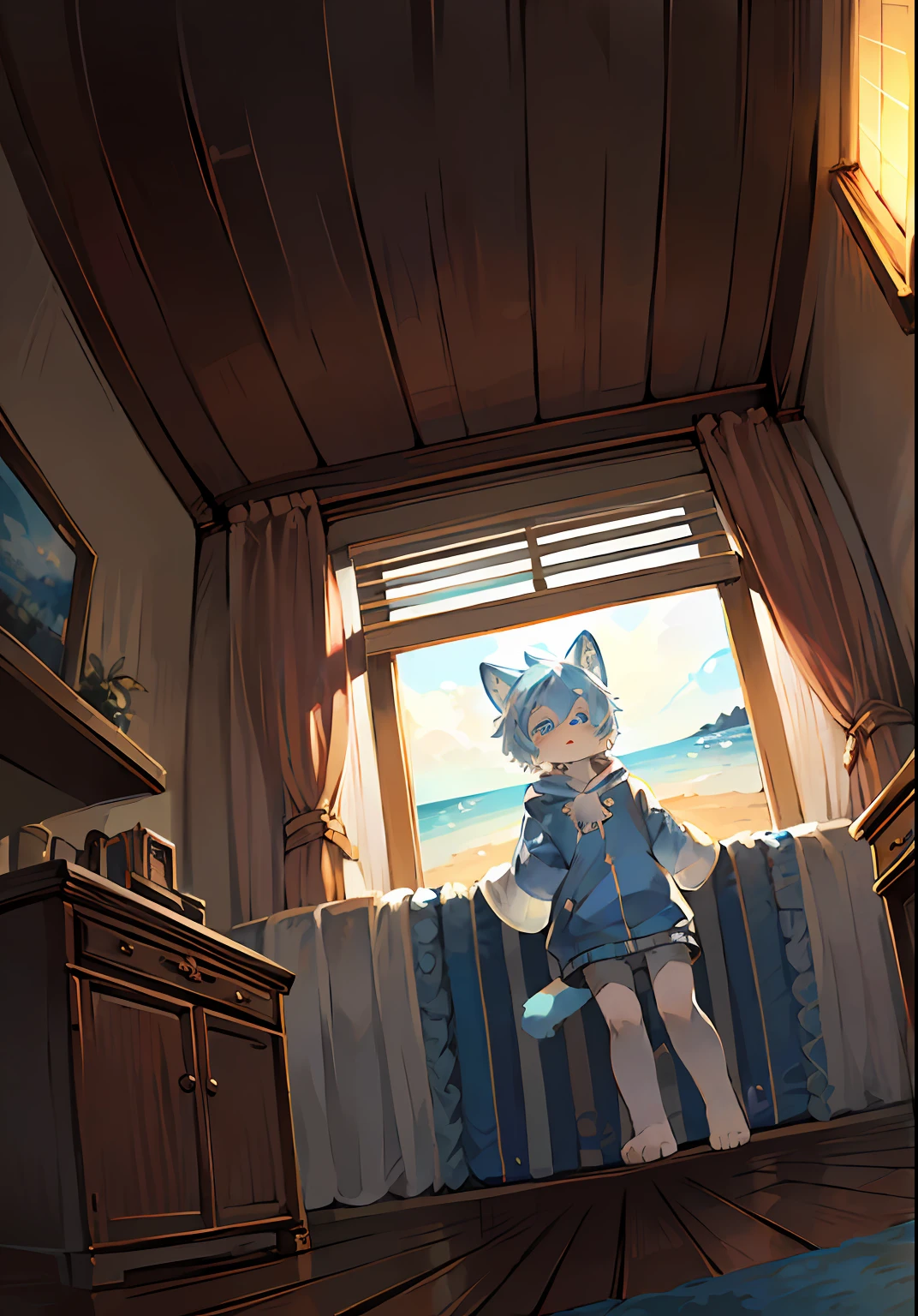 (Bright environment:0.8),masterpiece,high quality,abstract res,digital painting\(artwork\), by dagasi, yupa,kiyosan,(anthro,fluffy fur,character focus:1.1),anthro male cat,short hair,portrait , eyes with brightness, in a panoramic view, Character focus.(detailedbackground:0.7), 独奏, shaggy, shaggy male, malefocus, anthr,(Full Body Furry, Fluffy tail, Blue-white fur, blue color eyes, Blue-white hair:1.2), (long canines、Hooded sweatshirt：1.2），（interiors、In the daytime、beachside、swell sea：1.1）