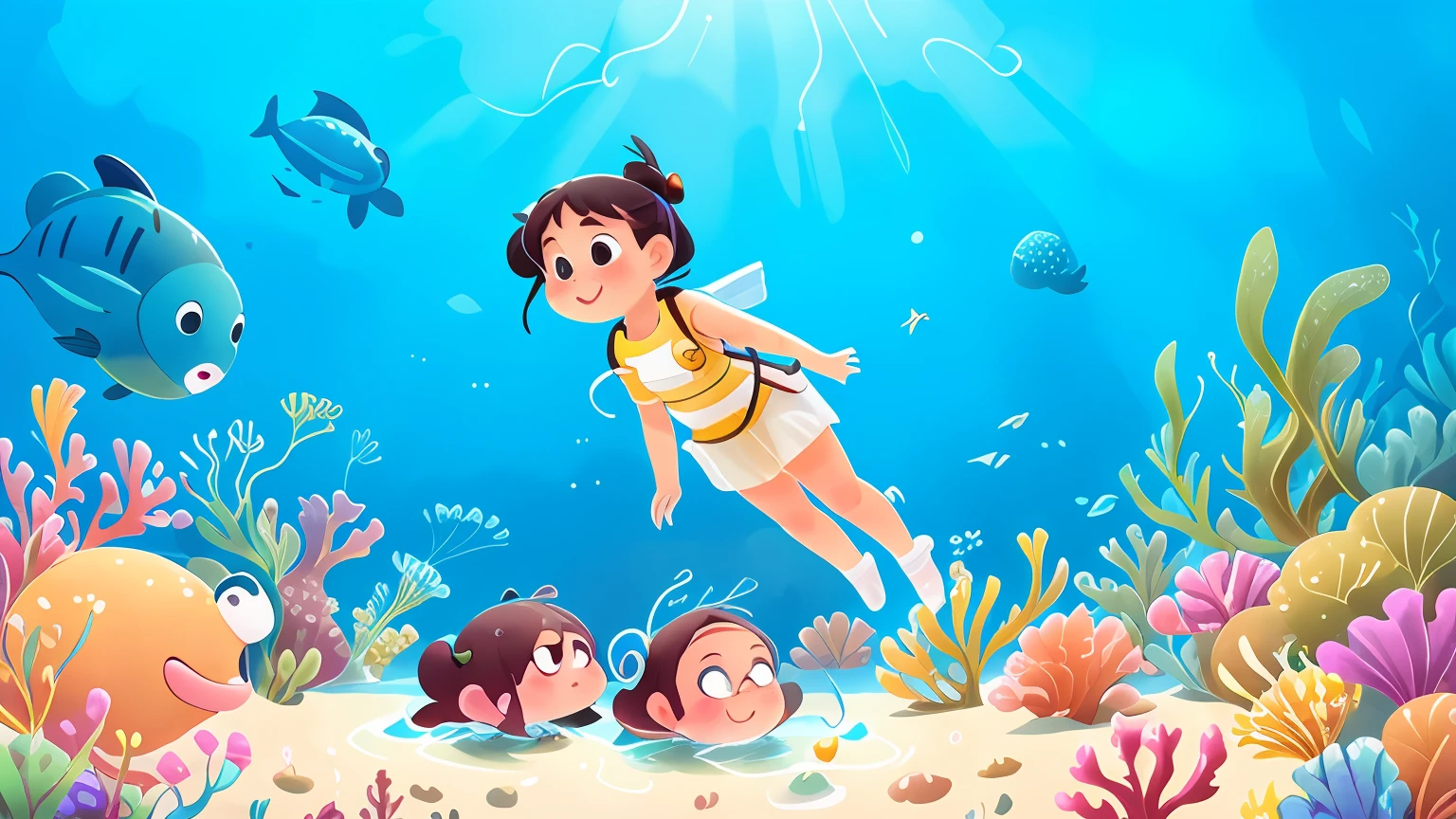 illustration of a girl in a diving suit and snorg in the ocean, with pigtail hair, under the sea, a diver is under the sea, an diver is under the sea, swimming deep underwater, bubbly underwater scenery, in the sea, swimming underwater, under water swimming, an astronaut is under the sea, underwater scene, under the ocean, in the ocean, underwater