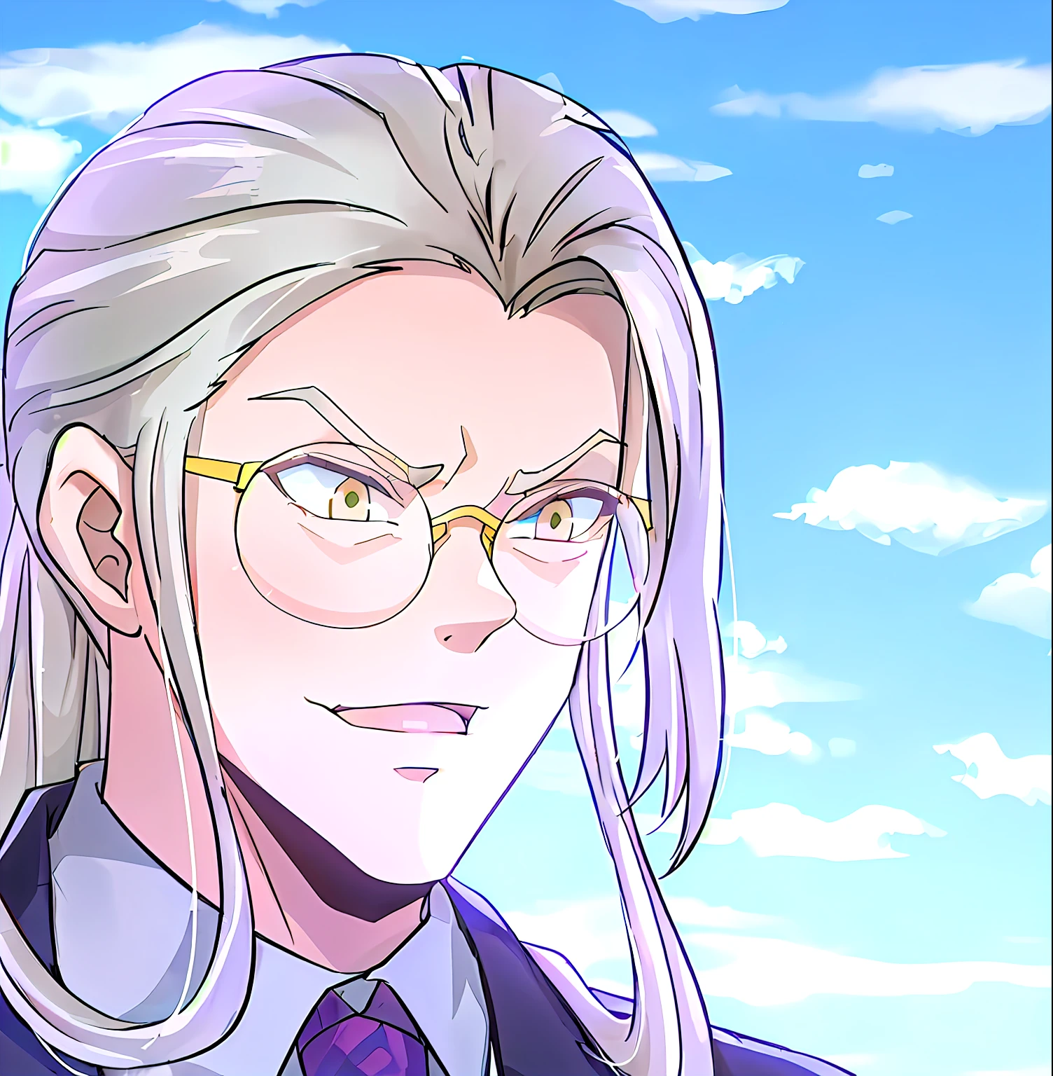 Anime image of a man looking at the camera with glasses and tie, kentaro miura manga art style, kentaro miura art style, roguish smirk, ace attorney style, xqc, phoenix wright, offcial art, in phoenix wright ace attorney, kentaro miura manga style, illustrious makinami, Marin Kitagawa fanart