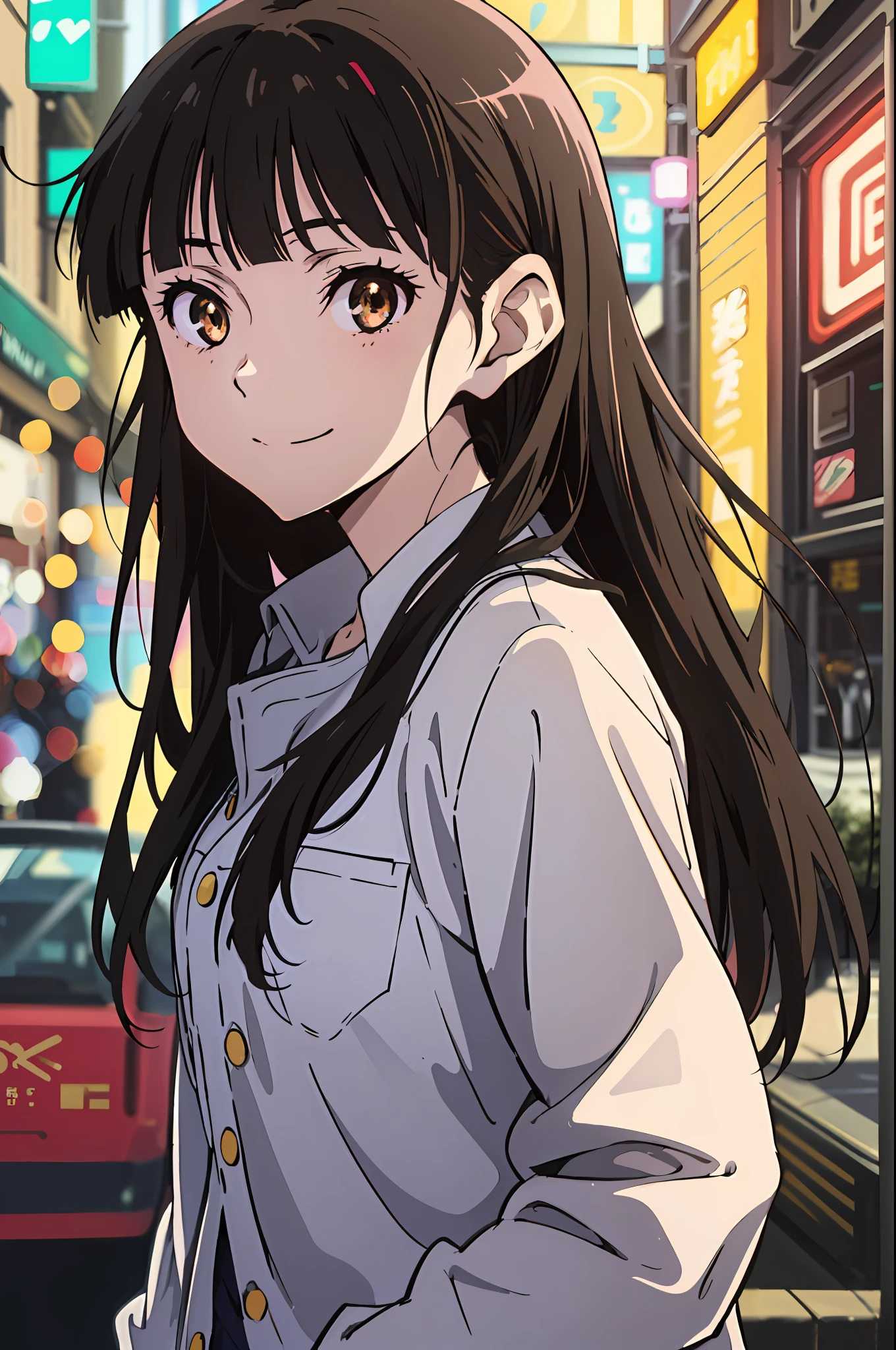 (highres, best quality:1.2), 1girl, 1girl, sparkling eyes, radiance, soft contours, beautiful drawing, upper body, concept art, neon light, eyelashes, long black hair, sakamoto mio, brown eyes, smile, summer city, casual wear, kyoani hyouka style