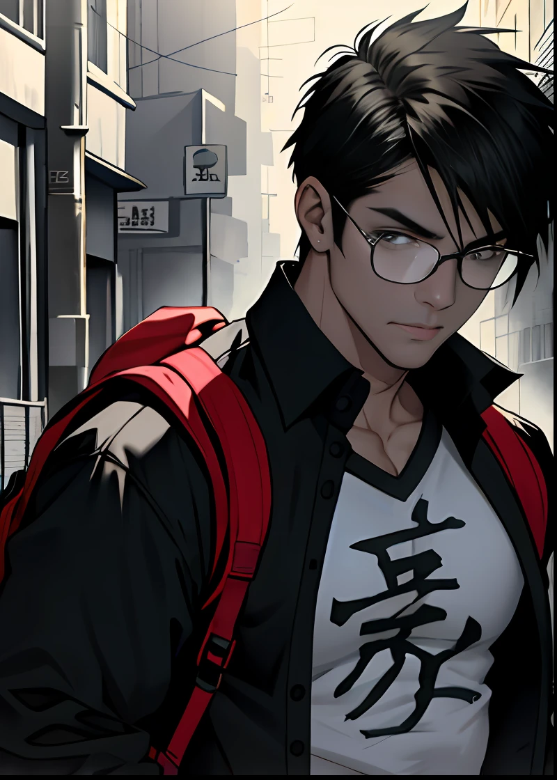 1boys,musculous,with short black hair,eye glass,Black eyes,finely-detailed eyes,(tmasterpiece,Best quality at best)),exteriors,full bodyesbian,looking at viewert,open shirts,backpacks,depth of fields,(Mottled sunlight)