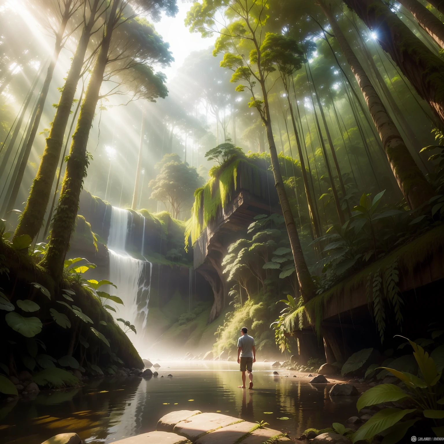 Draw a charming scene of the Amazon Rainforest with tall trees and a magical light filtered by the sun's rays. Destaque o personagem Pedro, um garoto curioso, explorando a floresta com um olhar maravilhado.