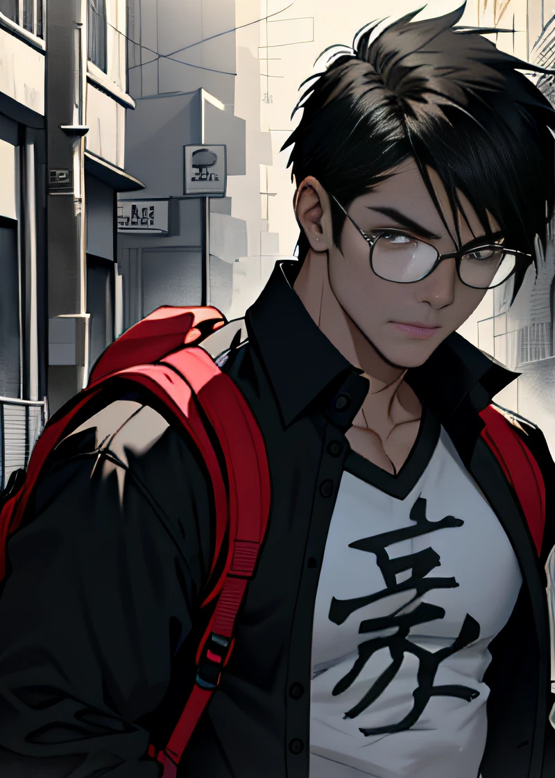 1boys,musculous,with short black hair,eye glass,Black eyes,finely-detailed eyes,(tmasterpiece,Best quality at best)),exteriors,full bodyesbian,looking at viewert,open shirts,backpacks,depth of fields,(Mottled sunlight)