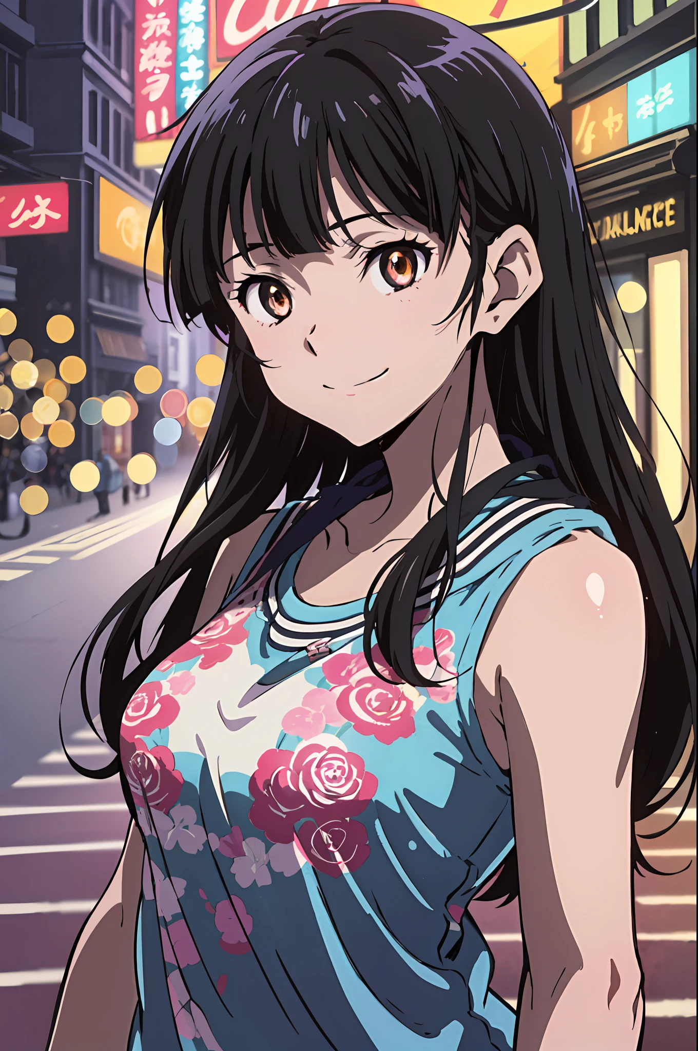 (highres, best quality:1.2), 1girl, 1girl, sparkling eyes, radiance, soft contours, beautiful drawing, upper body, concept art, neon light, eyelashes, long black hair, sakamoto mio, brown eyes, smile, summer city, casual wear, kyoani hyouka style