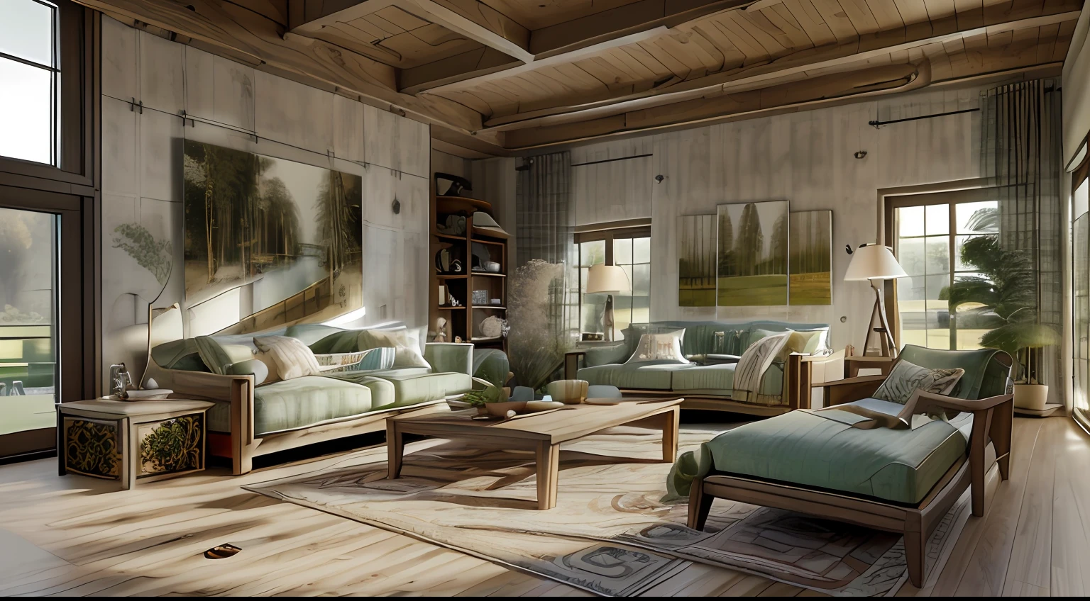((masterpiece,best quality,highres,sharp forcus)) (((detail forcus))) , livingroom in style  of farmhouse ,((farmhouse furniture)),  flat ceiling ,wooden ceiling light , woode floor lamp.