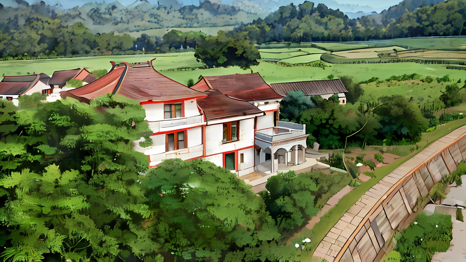 Aerial view of houses in rural areas,The background is a mountain, korean countryside, historical context, countryside in japan, Colonial house in the background, ornate retreat, 1 8th century manor, Japanese countryside, abandoned japaense village, mansion, looking from above, korean traditional palace, Regal Manor, farm house, ji-min, Old house, exterior
