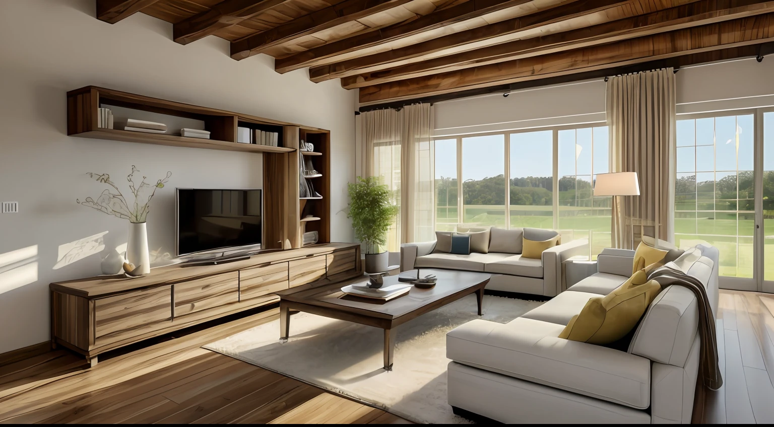 ((masterpiece,best quality,highres,sharp forcus)) (((detail forcus))) , livingroom in style of farmhouse ,((farmhouse furniture)), flat ceiling ,wooden ceiling light , woode floor lamp.
