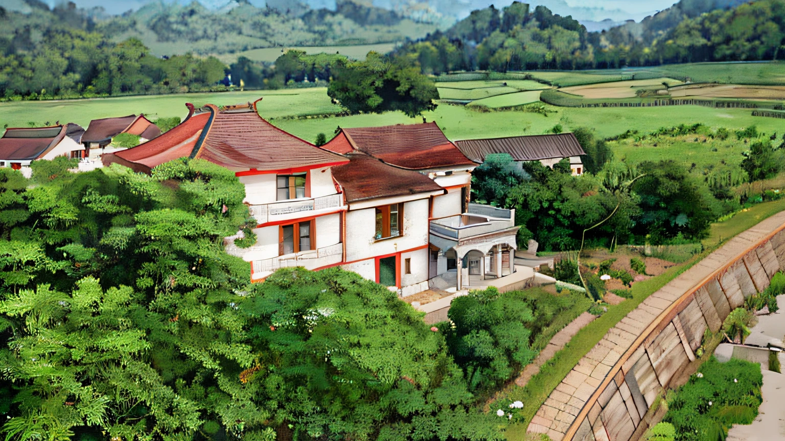 Aerial view of houses in rural areas，The background is a mountain, korean countryside, historical context, countryside in japan, Colonial house in the background, ornate retreat, 1 8th century manor, Japanese countryside, abandoned japaense village, mansion, looking from above, korean traditional palace, Regal Manor, farm house, ji-min, Old house, exterior