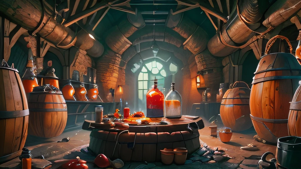 Inside the cave is the backdrop of a ketchup production workshop, There are barrels,There is a blender,There are conveyor belts,There are pipes,sewer background, background artwork, Stylized concept art, random background scene, fantasy alchemist laboratory, fantasy tavern background, brewing potion in witch hut, concept-art, concept-art, mysterious laboratory,