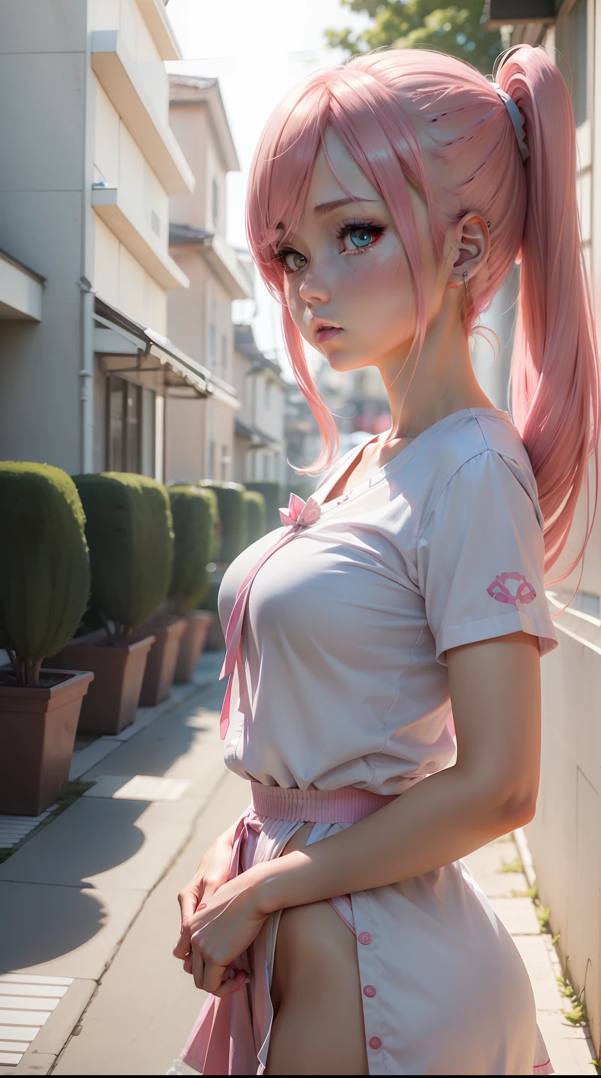 there is a woman with pink hair and a white shirt, Anime girl in real life, Photorealistic anime, hyper realistic anime, Anime. Soft lighting, Anime girl cosplay, Realistic anime 3 D style, Anime style mixed with Fujifilm, seductive anime girls, Realistic anime, pink twintail hair and cyan eyes, Ayaka cosplay, 3 d anime realistic