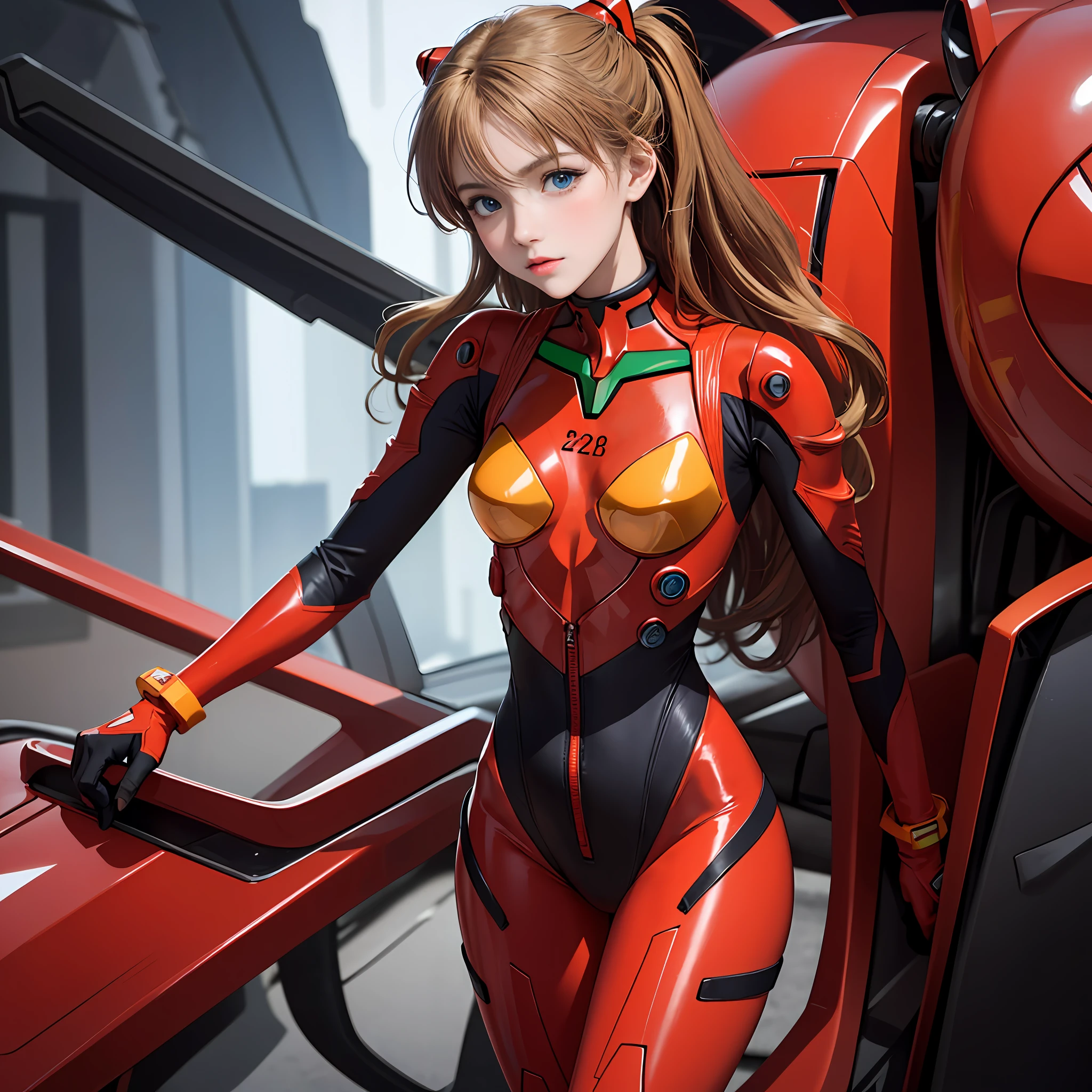 (Masterpiece: 1.4, top quality), (intricate details), Unity8k wallpaper, super detailed, beautiful and mysterious, detailed background, realistic, solo, perfect detail face, detailed blue eyes, very detailed, blush, hair ornament, chignon mahogany hair, (blonde hair), plug suit 02,Shikinami Asuka Langley, Evangelion, slender -yeld gi full body suit, black background