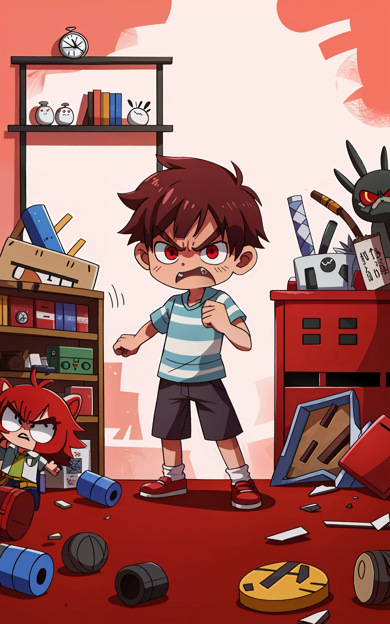 Angry boy throws things in the red room，（Expression of anger），Destroyed rooms，Broken everywhere，tmasterpiece，4K，Ultra high quality