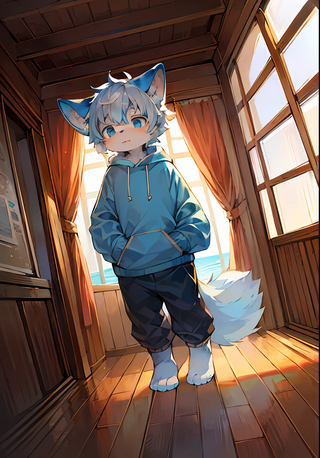 (Bright environment:0.8),masterpiece,high quality,abstract res,digital painting\(artwork\), by dagasi, yupa,kiyosan,(anthro,fluffy fur,character focus:1.1),anthro male cat,short hair,portrait , eyes with brightness, in a panoramic view, Character focus.(detailedbackground:0.7), 独奏, shaggy, shaggy male, malefocus, anthr,(Full Body Furry, Fluffy tail, Blue-white fur, blue color eyes, Blue-white hair:1.2), (long canines、Hooded sweatshirt:1.2),(interiors、In the daytime、beachside、swell sea:1.1)