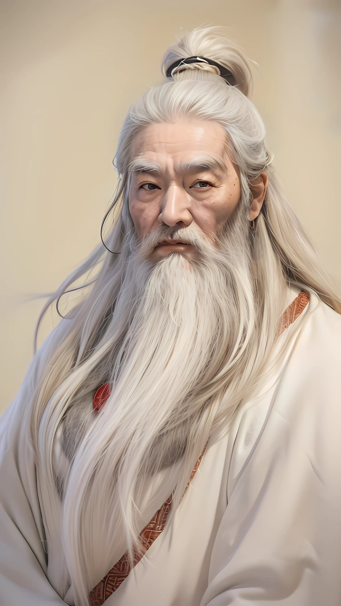 Old man of ancient China，Majestic and majestic，Long hair shawl，The hair and beard are snow-white，Dressed in white，There are wrinkles on the forehead，The eyes are shrewd and sharp，Thick chubby body，heavy breath，The eyes are big。statue，Front view。