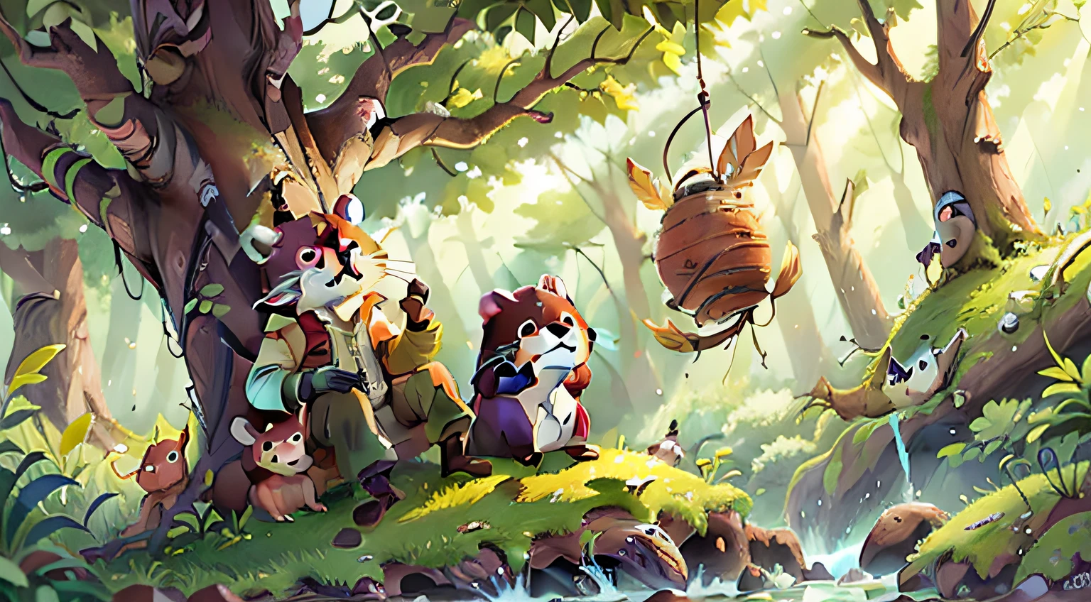 On the branches of a large tree in the meadow hung a large hornet's nest,A large termite nest in the grass under the tree,On the surface of the river there is an otter's nest