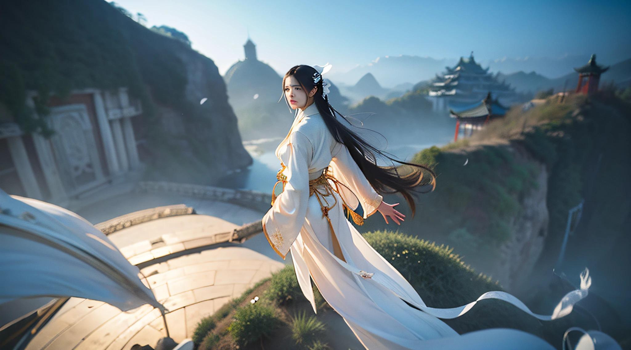 The image of Arafard flying in the air in an ancient Chinese city in a white robe, Flowing white robe, by Bayard Wu, chengwei pan on artstation, Feng Zhu concept art, ross tran and wlop, cgsociety and fenghua zhong, Inspired by Fenghua Zhong,photo from the back,The face is clear