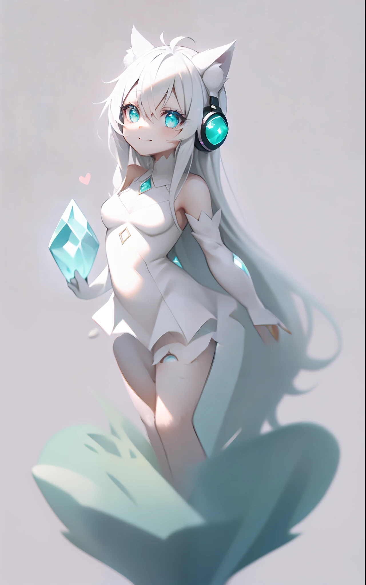 white hair, long hair, very long hair, floating hair, crystal hair, hair strand, absurdly long hair, heart ahoge, aqua eyes, devil pupils, kemonomimi mode, cat ear headphones, shy, smiley, god rays, ray tracing, move chart, reference sheet, multiple views, UHD, masterpiece, ccurate, anatomically correct, textured skin, super detail, high quality, high details, highres, 8k