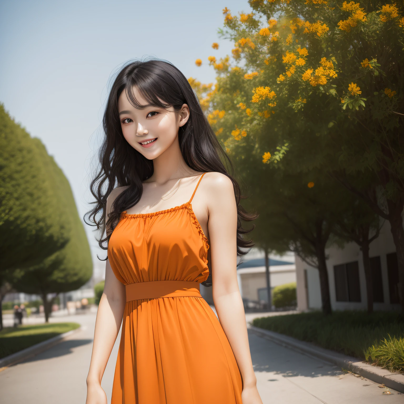 Contemporary Asian pure female outdoor activities,Sweet smile,black long curly hair,Air bangs,20yr old,Orange dress,Height 175 cm,Delicate light makeup,tmasterpiece,Yang Ying,Surreal photo。