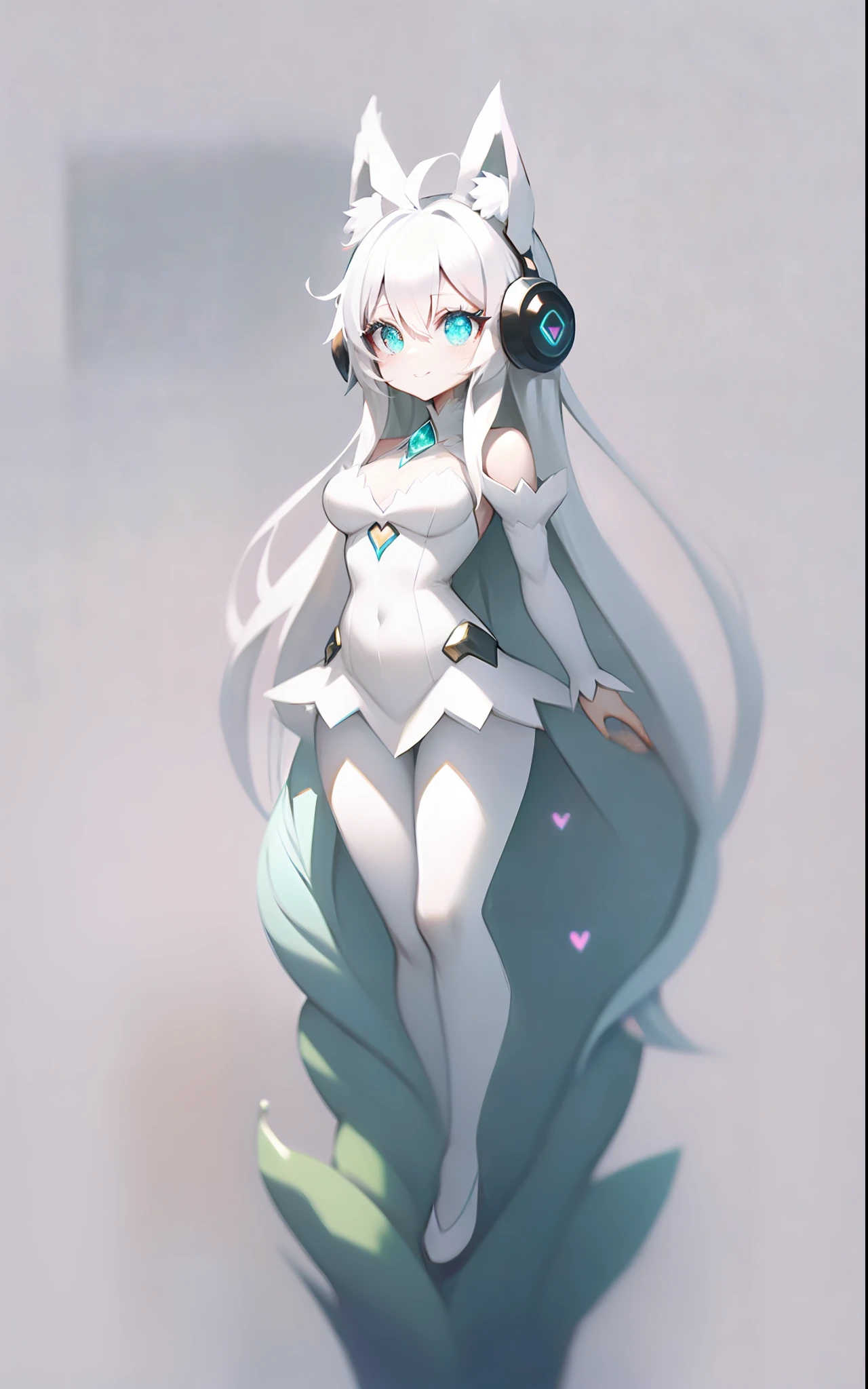 white hair, long hair, very long hair, floating hair, crystal hair, hair strand, absurdly long hair, heart ahoge, aqua eyes, devil pupils, kemonomimi mode, cat ear headphones, shy, smiley, god rays, ray tracing, move chart, reference sheet, multiple views, UHD, masterpiece, ccurate, anatomically correct, textured skin, super detail, high quality, high details, highres, 8k