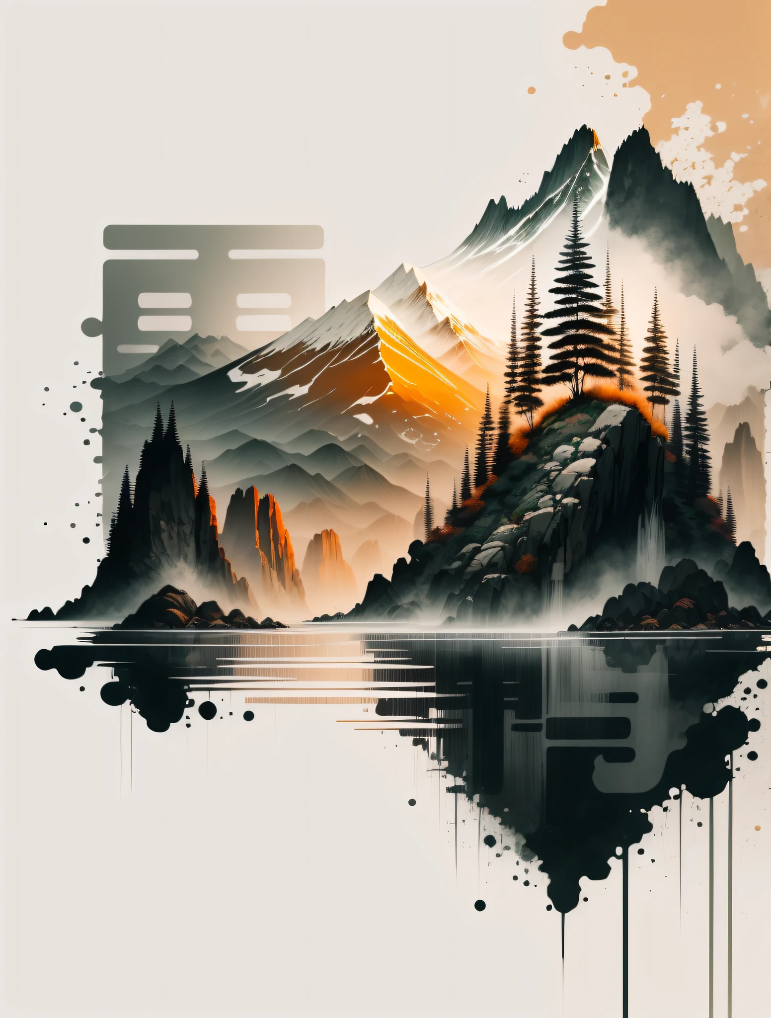 white background, scenery, ink, mountains, water, trees