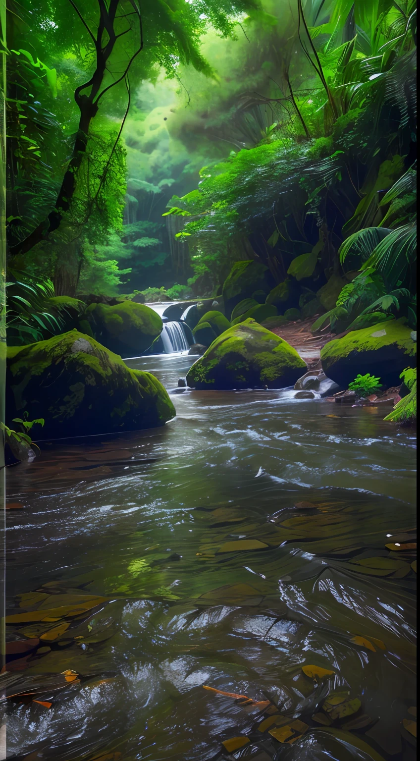 (Authentic photography:1.4),rich details,jungles,Small rivers,rainwater,Rocks in the water,Works of masters,super-fine,best qualtiy,16K resolution,