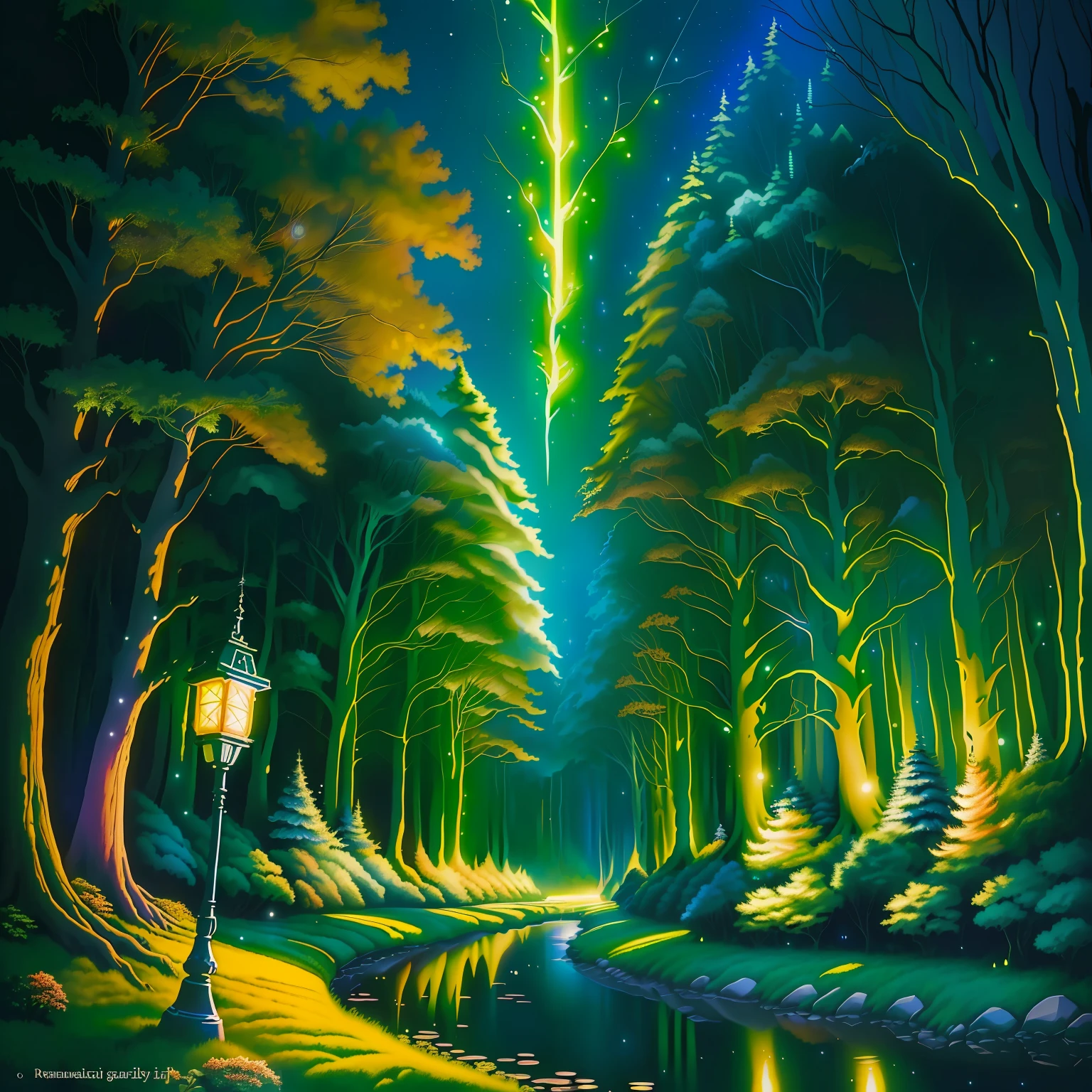 (Realistic enchanted forest,the night,glowworm,Laurie Graceley style,by Ghibli Studio,Akira Toriyama,James Gilead,Genshin Impact,trending pixiv fanbox,acrylic palette knife,4K,brightcolors,devinert,art station trending)