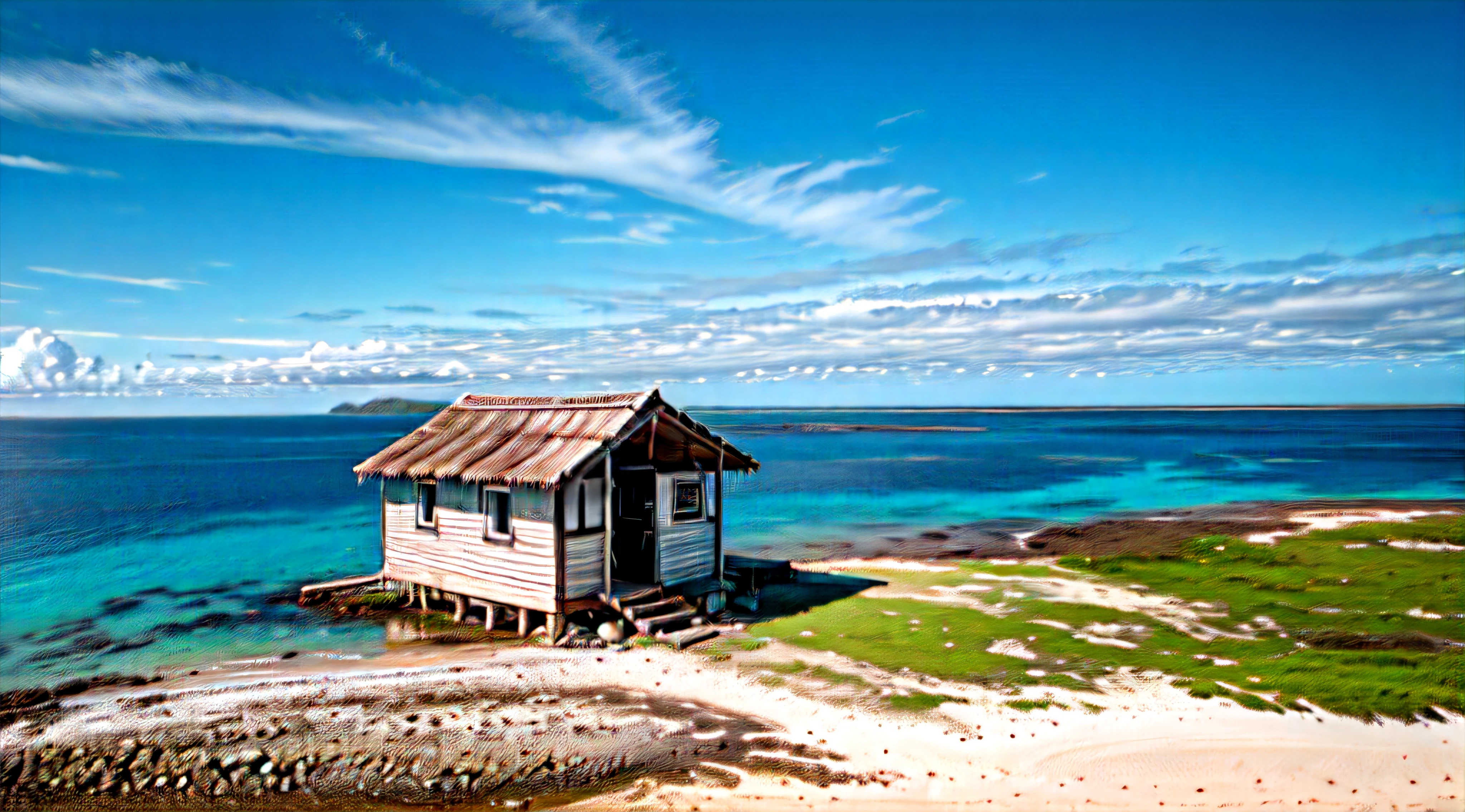 a lonely dirty old hut in the middle of an island surrounded by ocean, (depressed, lonely, isolation feelings) (8k) (masterpiece) (drone shot) (ultra wide) (attention to detail)