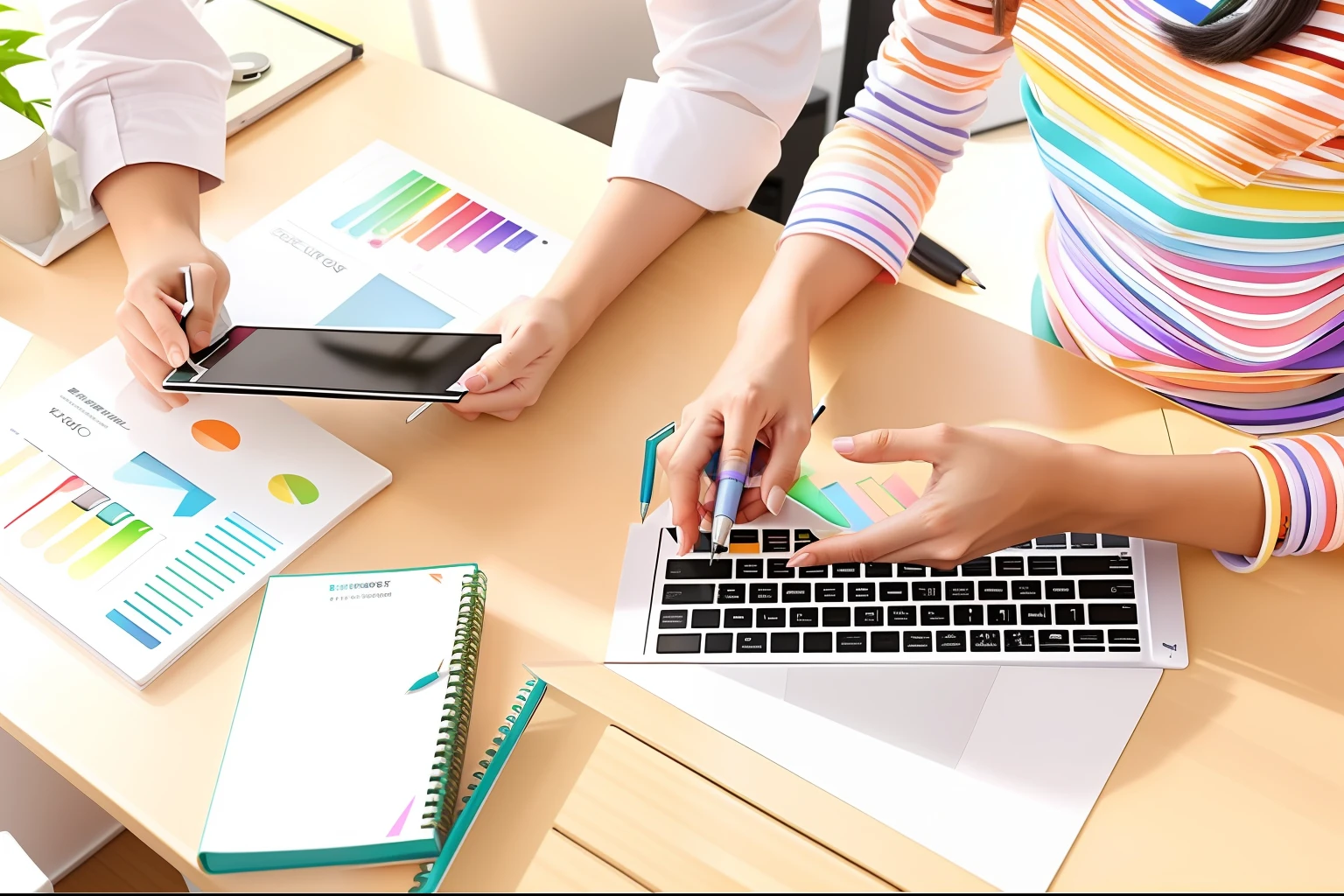 Bright office environment, Work on a desktop computer, Beautiful hands eagerly hitting the keys, Convey your passion for your work. On his desk, About DTP々Items are carefully placed.. Colorful ballpoint pens are neatly lined up, Some color charts、will be placed.