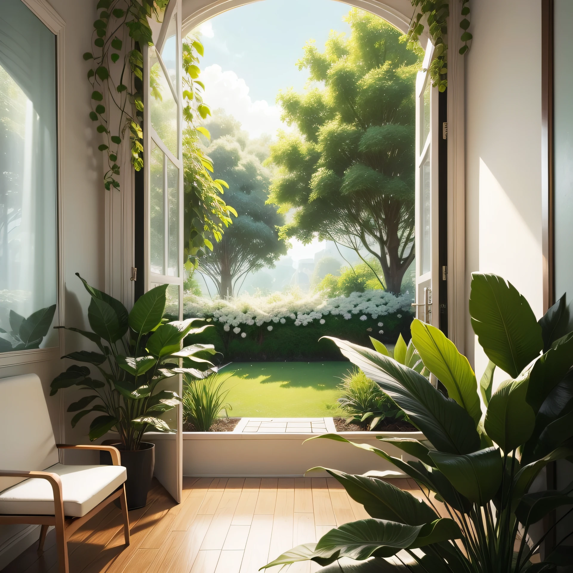 the view from a relaxation room, plants, white and green, beautiful background