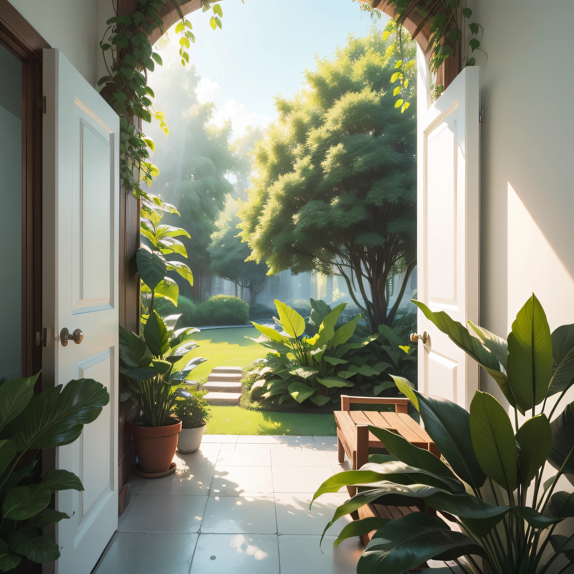 the view from a relaxation room, plants, white and green, beautiful background
