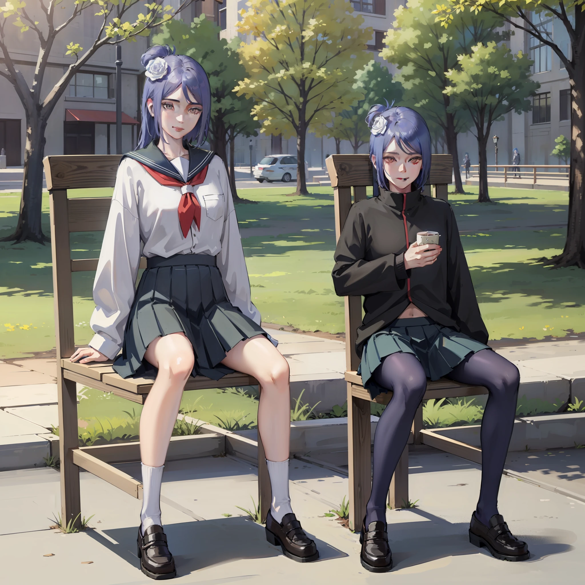 Xiaonan,blue hair,Wear a school uniform and skirt,A man sits on a wooden chair in the park,Look sideways at the camera,ssmile,perfect bodies,the golden ratio,unreal-engine,Morning park in the background,The background is visible,Whole body diagram,Feet with canvas shoes