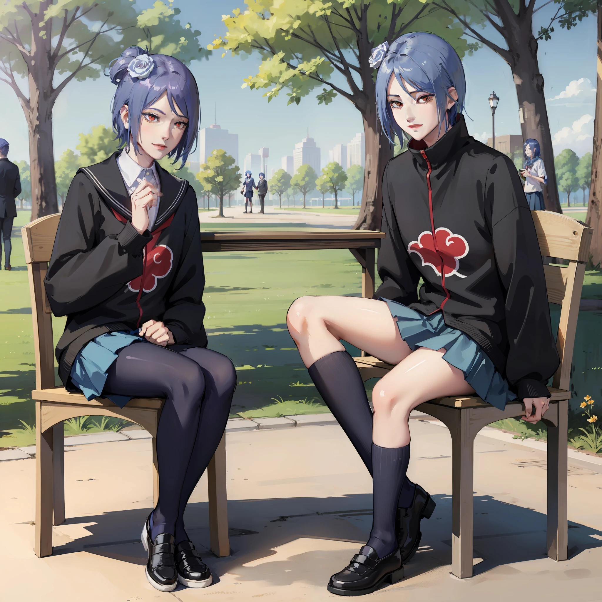 Xiaonan，blue  hair，Wear a school uniform and skirt，A man sits on a wooden chair in the park，Look sideways at the camera，ssmile，perfect bodies，the golden ratio，unreal-engine，Morning park in the background，The background is visible，Whole body diagram，Feet with canvas shoes