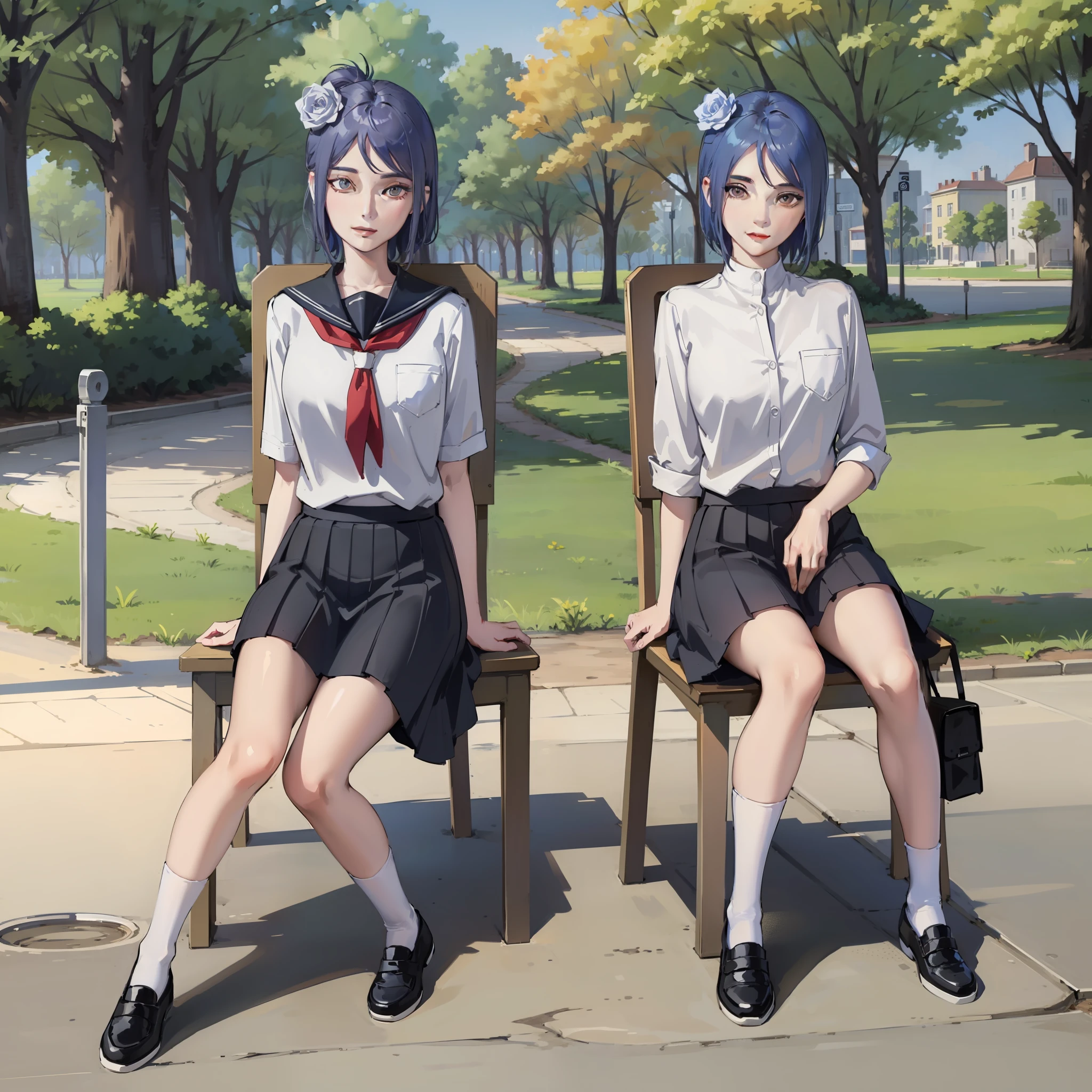 Xiaonan,blue hair,Wear a school uniform and skirt,A man sits on a wooden chair in the park,Look sideways at the camera,ssmile,perfect bodies,the golden ratio,unreal-engine,Morning park in the background,The background is visible,Whole body diagram,Feet with canvas shoes