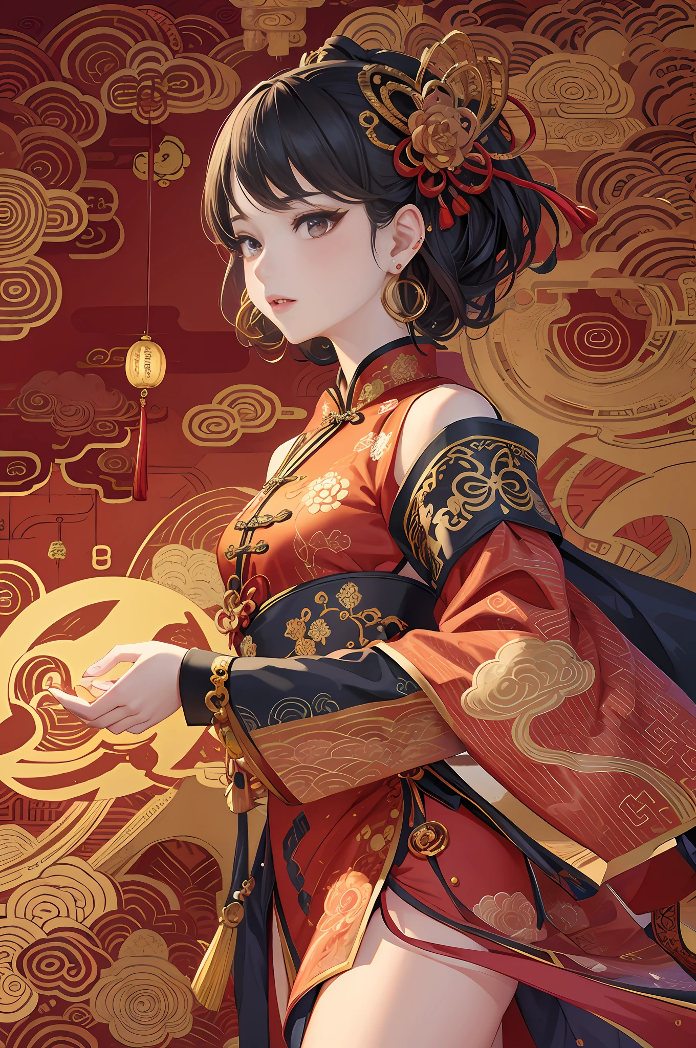 (tmasterpiece,top Quority,best qualtiy,offcial art,Beauty and aesthetics:1.2),(1girll:1.3),The is very detailed,(s fractal art:1.1),(a color:1.1)(blossoms:1.3),Most detailed,Red cheongsam,Climactic expression,facing to audience,exquisite facial features,( zentangle:1.2), (Dynamic pose), (abstract backgrounds:1.3), (Chinese Traditional Cloth:1.2), (Shiny skin), (many color:1.4), ,(Earrings:1.4),8K